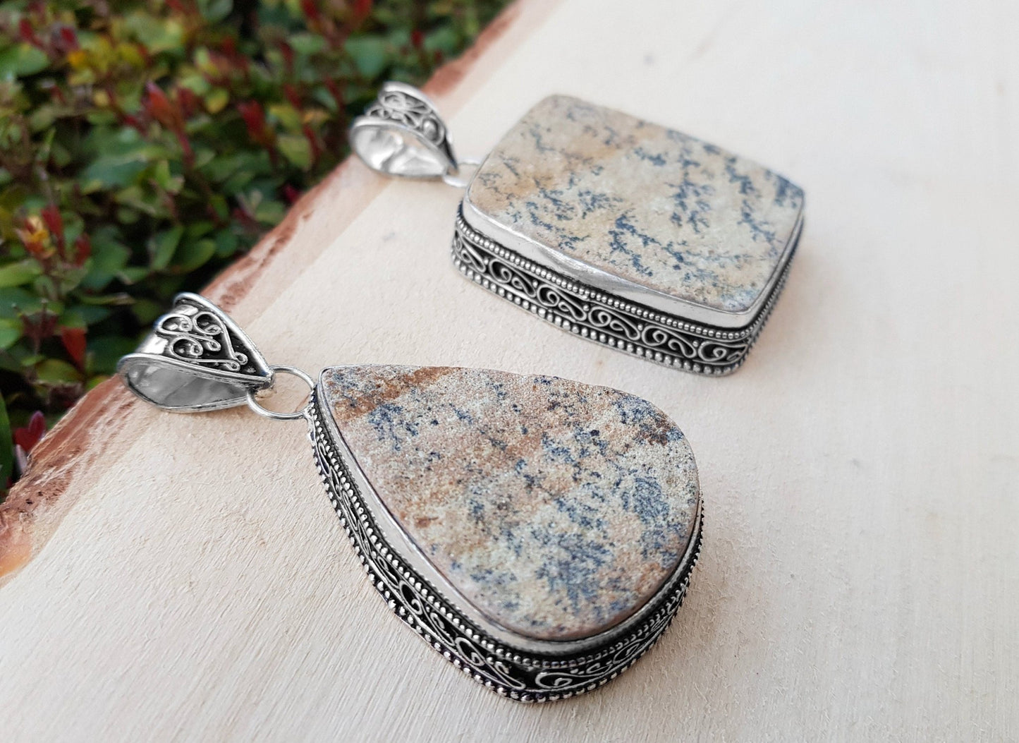 German Dendritic Opal Necklace In Sterling Silver Big Statement Necklace One Of A Kind - LunarGem - 