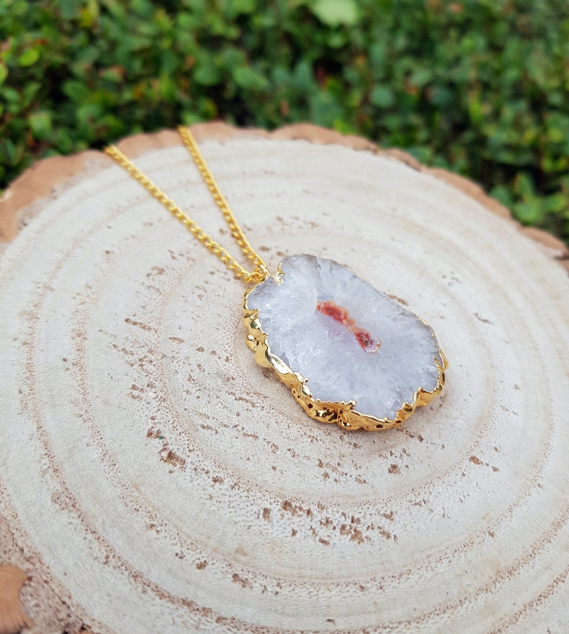 Gold Plated Solar Agate Pendant Necklace - One Of A Kind Boho Jewelry - LunarGem - Charms & Pendants