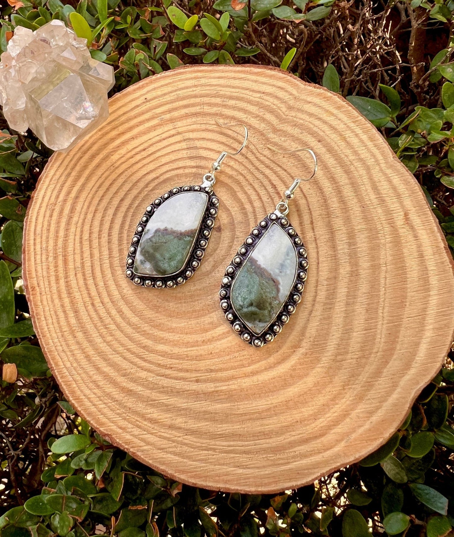 Green Jasper Sterling Silver Dangle Earrings, Boho Statement Jewelry - LunarGem - 