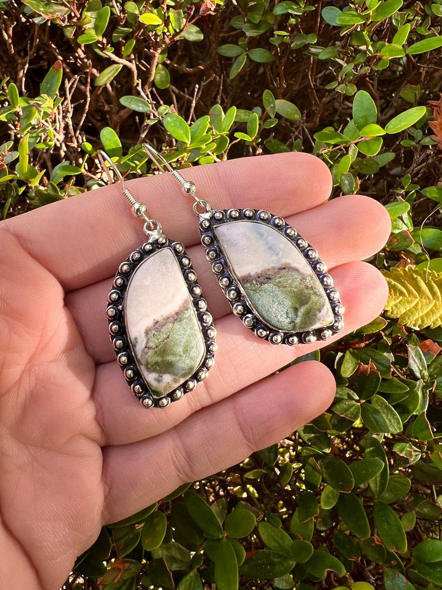 Green Jasper Sterling Silver Dangle Earrings, Boho Statement Jewelry - LunarGem - 