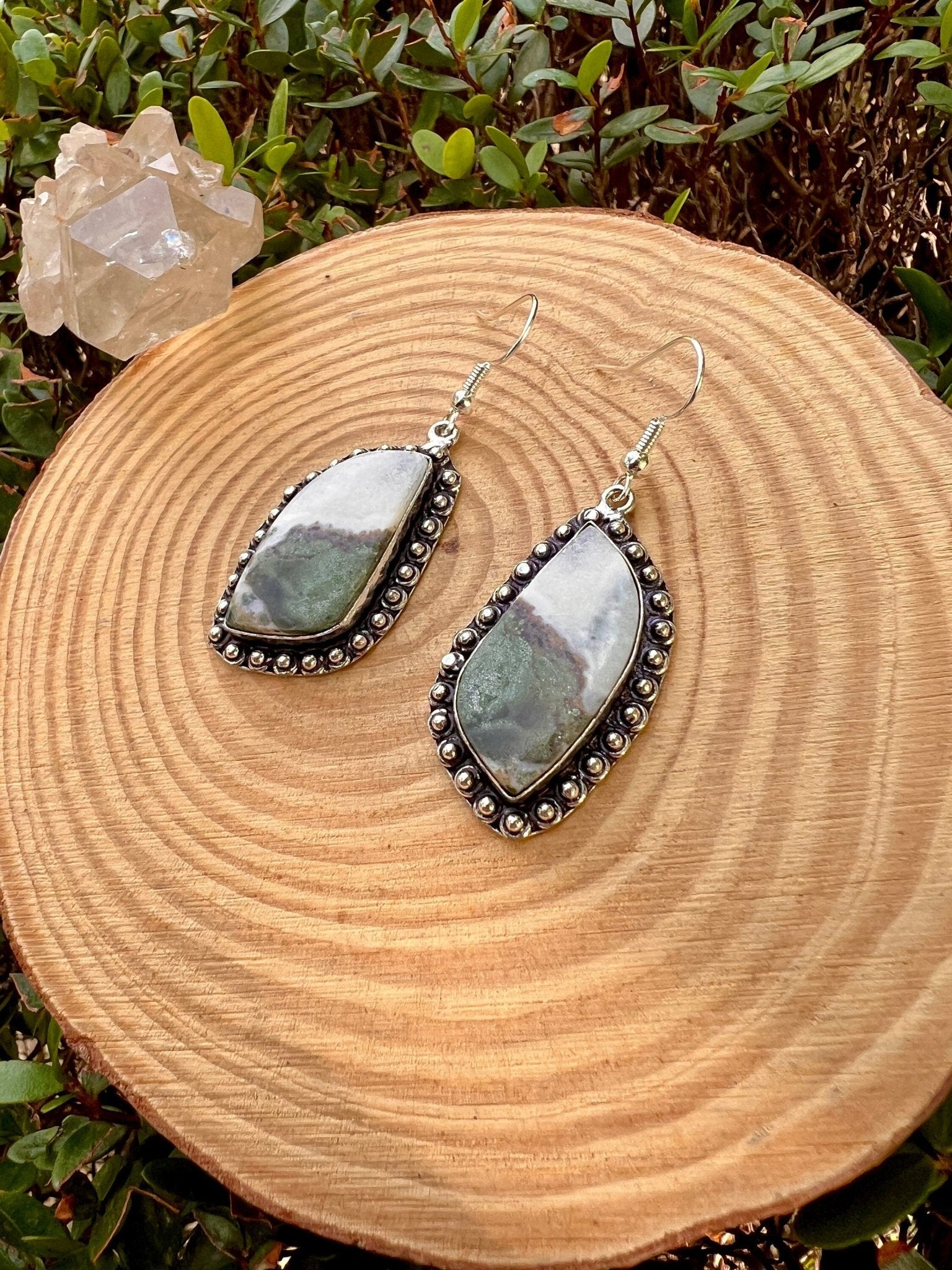Green Jasper Sterling Silver Dangle Earrings, Boho Statement Jewelry - LunarGem - 
