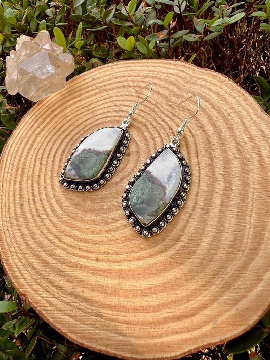 Green Jasper Sterling Silver Dangle Earrings, Boho Statement Jewelry - LunarGem - 