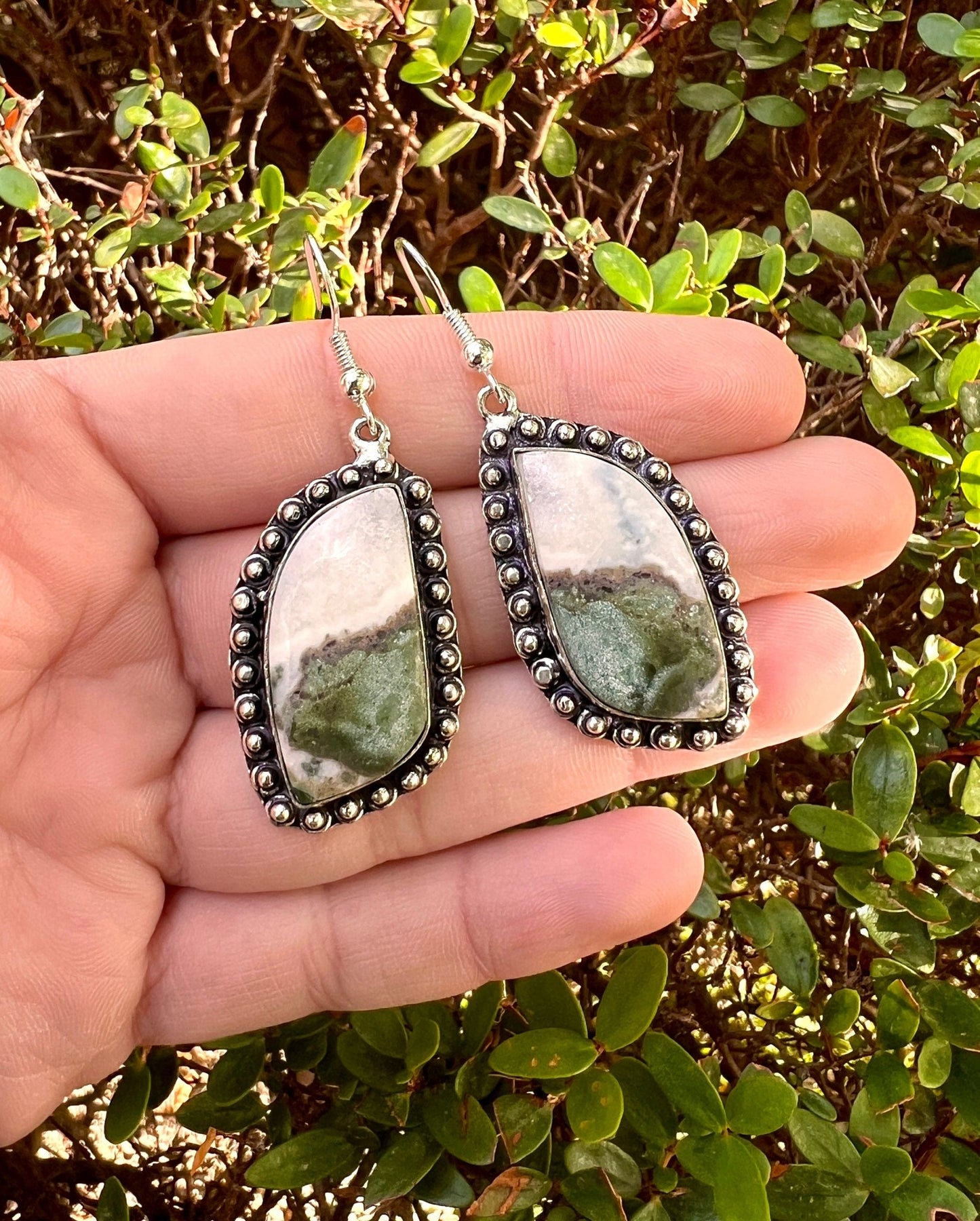 Green Jasper Sterling Silver Dangle Earrings, Boho Statement Jewelry - LunarGem - 