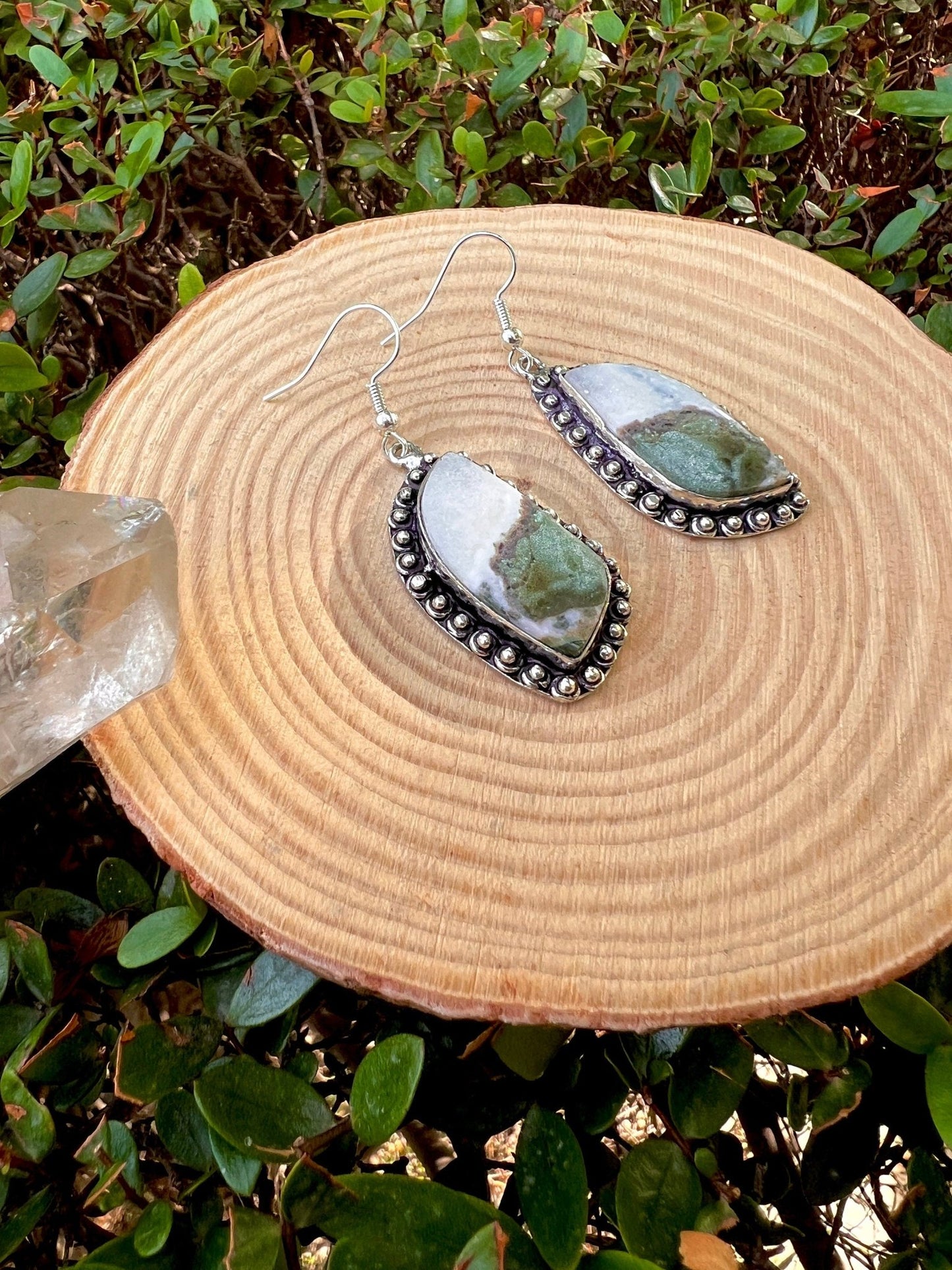Green Jasper Sterling Silver Dangle Earrings, Boho Statement Jewelry - LunarGem - 