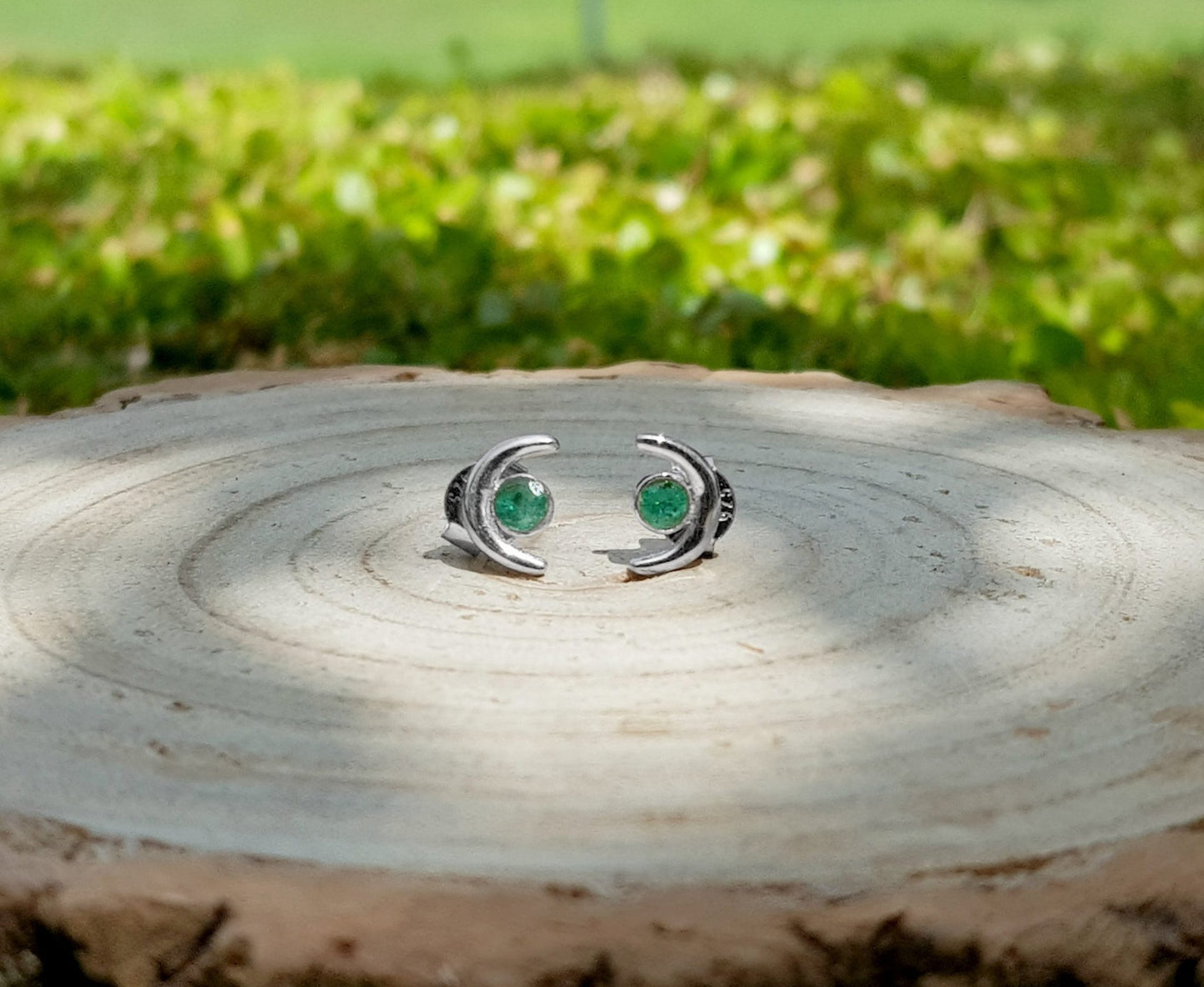Green Tourmaline Sterling Silver Stud Earrings: Crescent Moon Jewelry - LunarGem - Earrings