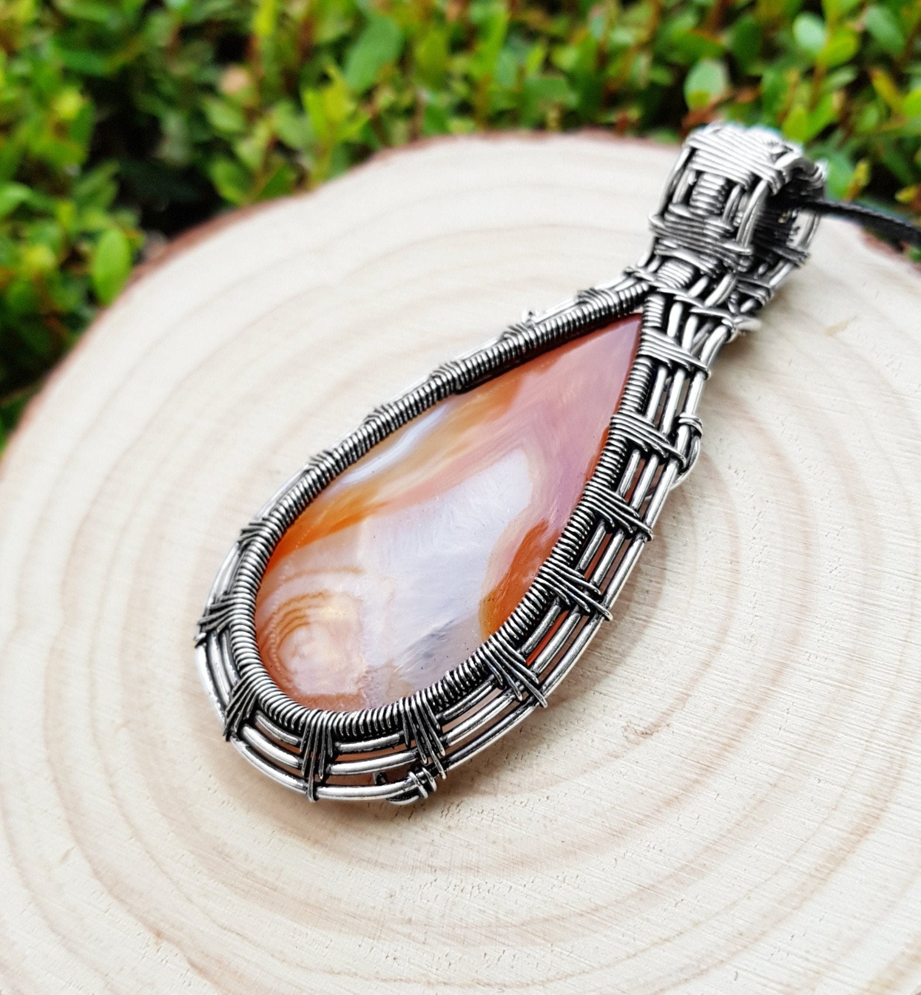 Handmade Botswana Agate Sterling Silver Wire Wrapped Pendant Necklace - LunarGem - Charms & Pendants
