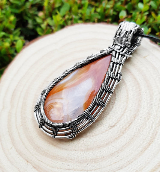 Handmade Botswana Agate Sterling Silver Wire Wrapped Pendant Necklace - LunarGem - Charms & Pendants