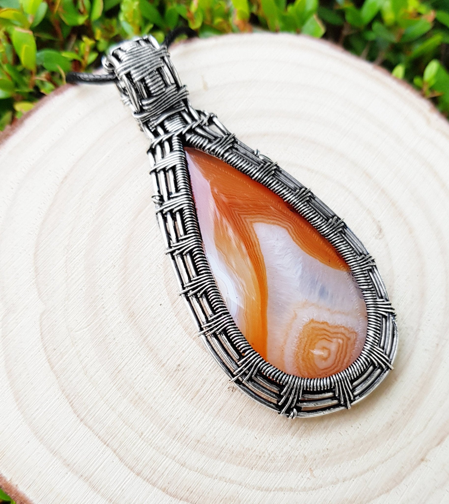 Handmade Botswana Agate Sterling Silver Wire Wrapped Pendant Necklace - LunarGem - Charms & Pendants