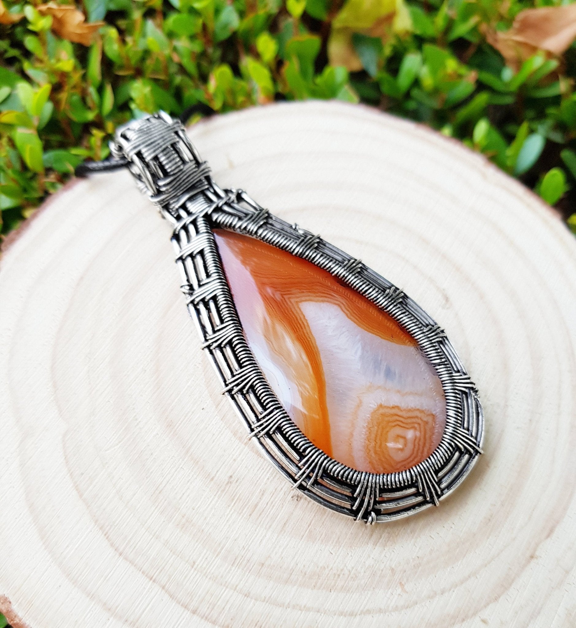 Handmade Botswana Agate Sterling Silver Wire Wrapped Pendant Necklace - LunarGem - Charms & Pendants