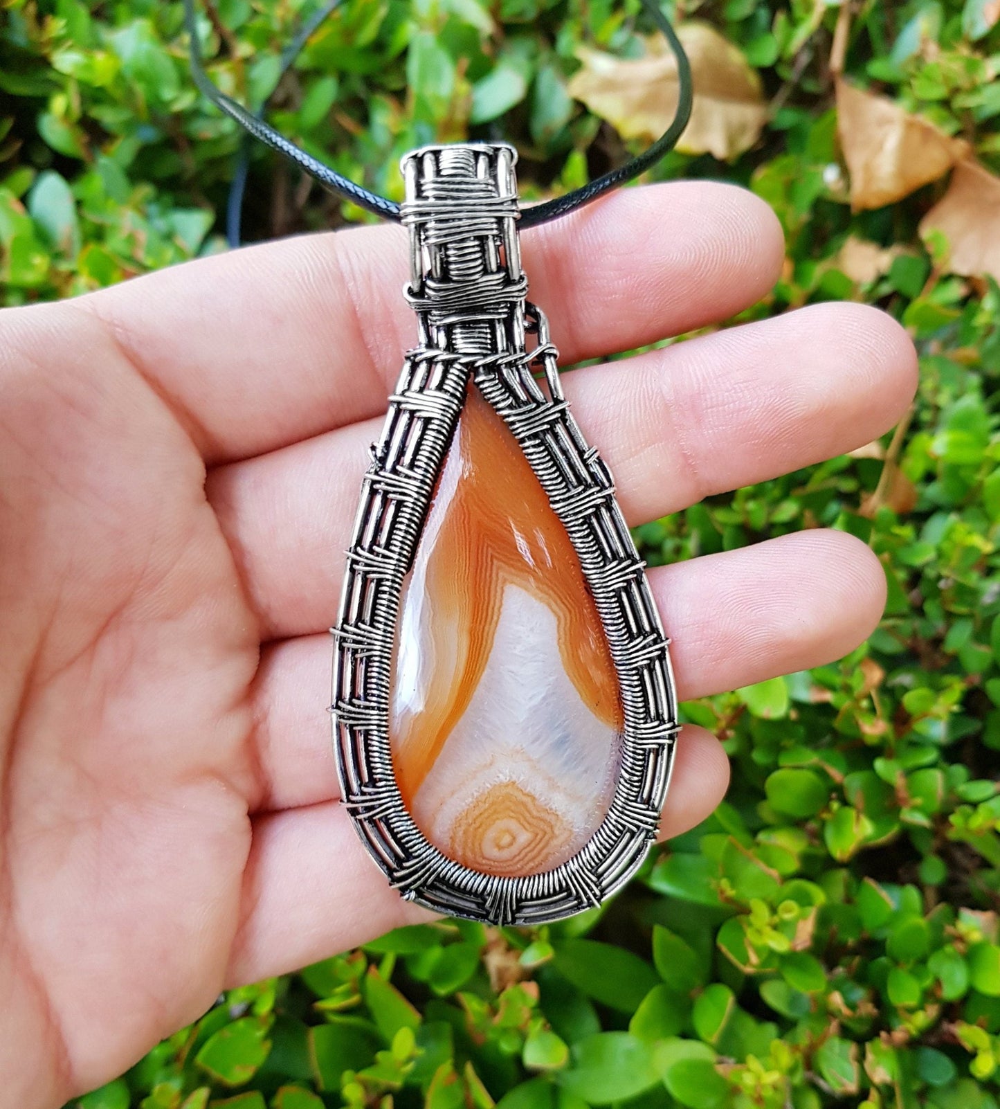 Handmade Botswana Agate Sterling Silver Wire Wrapped Pendant Necklace - LunarGem - Charms & Pendants