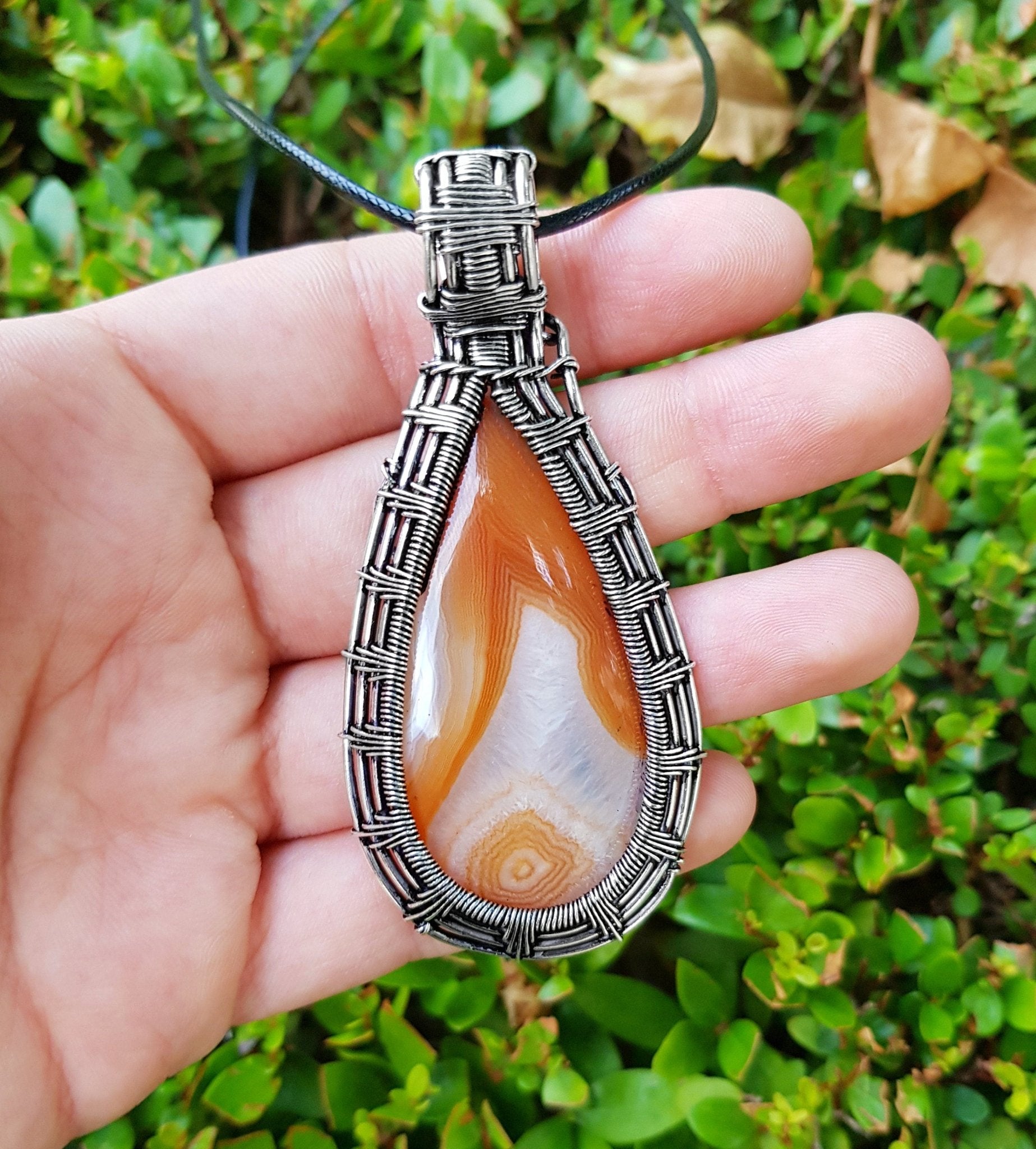 Handmade Botswana Agate Sterling Silver Wire Wrapped Pendant Necklace - LunarGem - Charms & Pendants