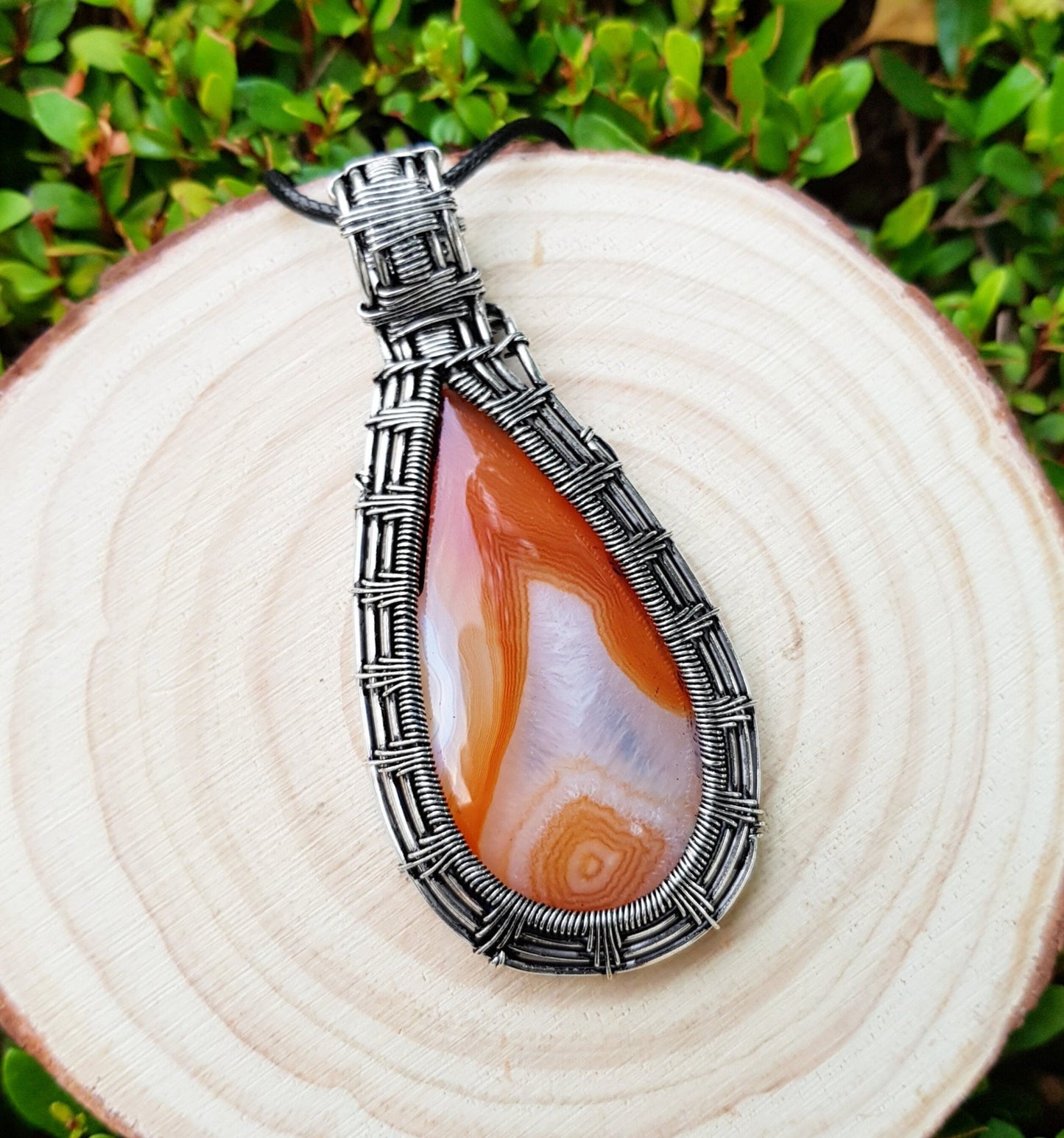 Handmade Botswana Agate Sterling Silver Wire Wrapped Pendant Necklace - LunarGem - Charms & Pendants
