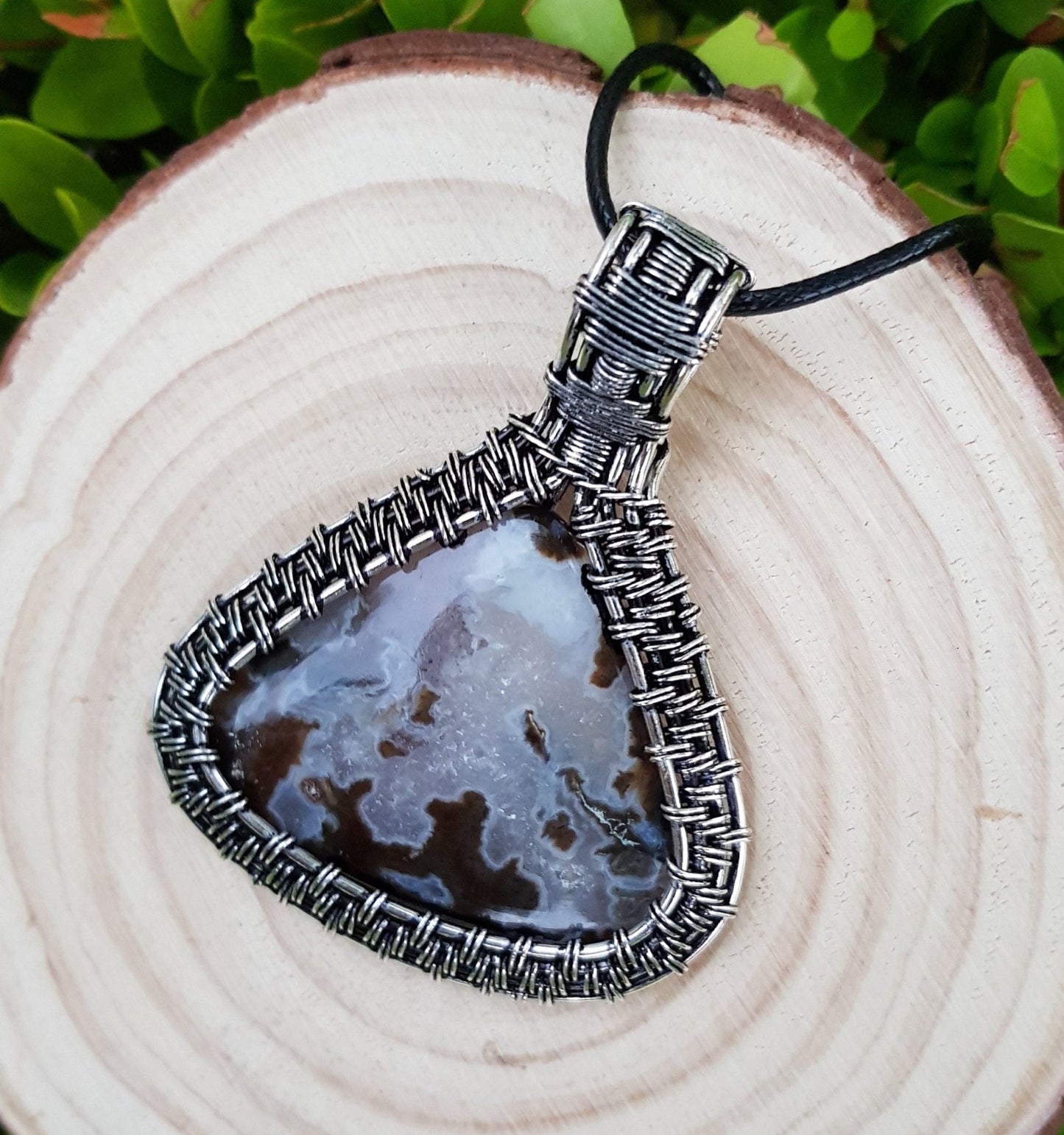 Handmade Sterling Silver Wire Wrapped Agate Pendant Necklace - LunarGem - Charms & Pendants