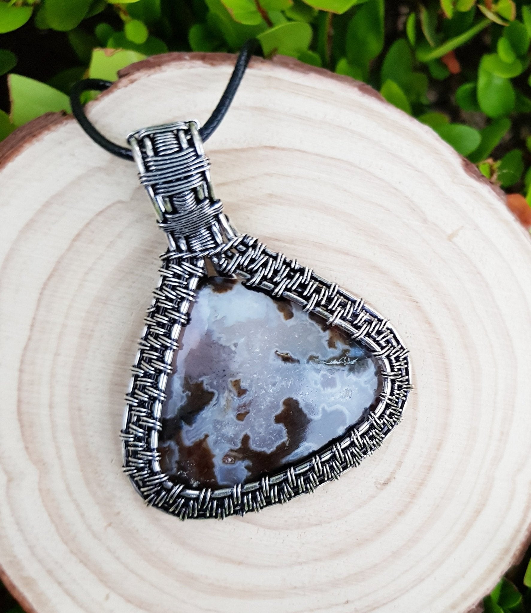 Handmade Sterling Silver Wire Wrapped Agate Pendant Necklace - LunarGem - Charms & Pendants