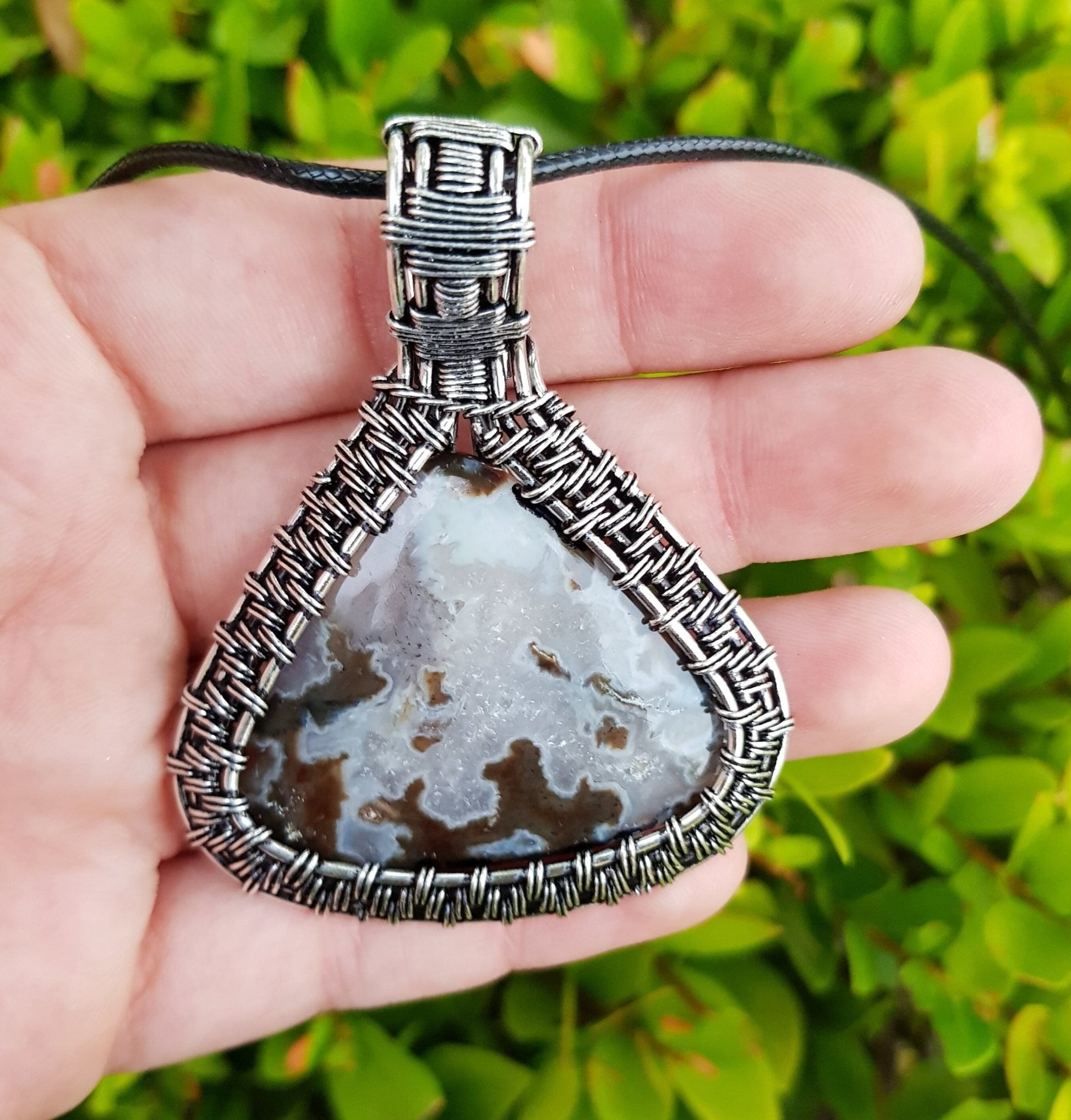 Handmade Sterling Silver Wire Wrapped Agate Pendant Necklace - LunarGem - Charms & Pendants