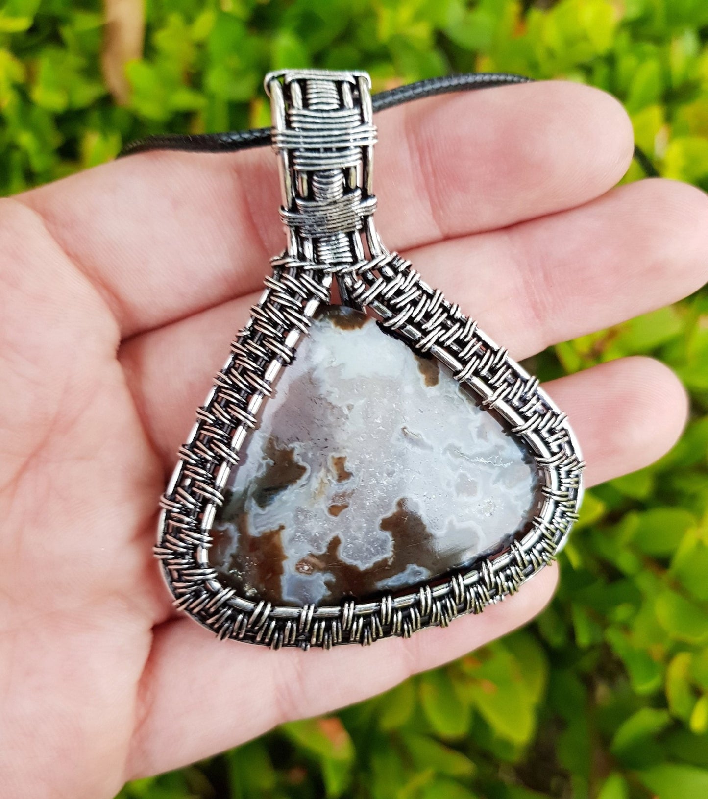 Handmade Sterling Silver Wire Wrapped Agate Pendant Necklace - LunarGem - Charms & Pendants