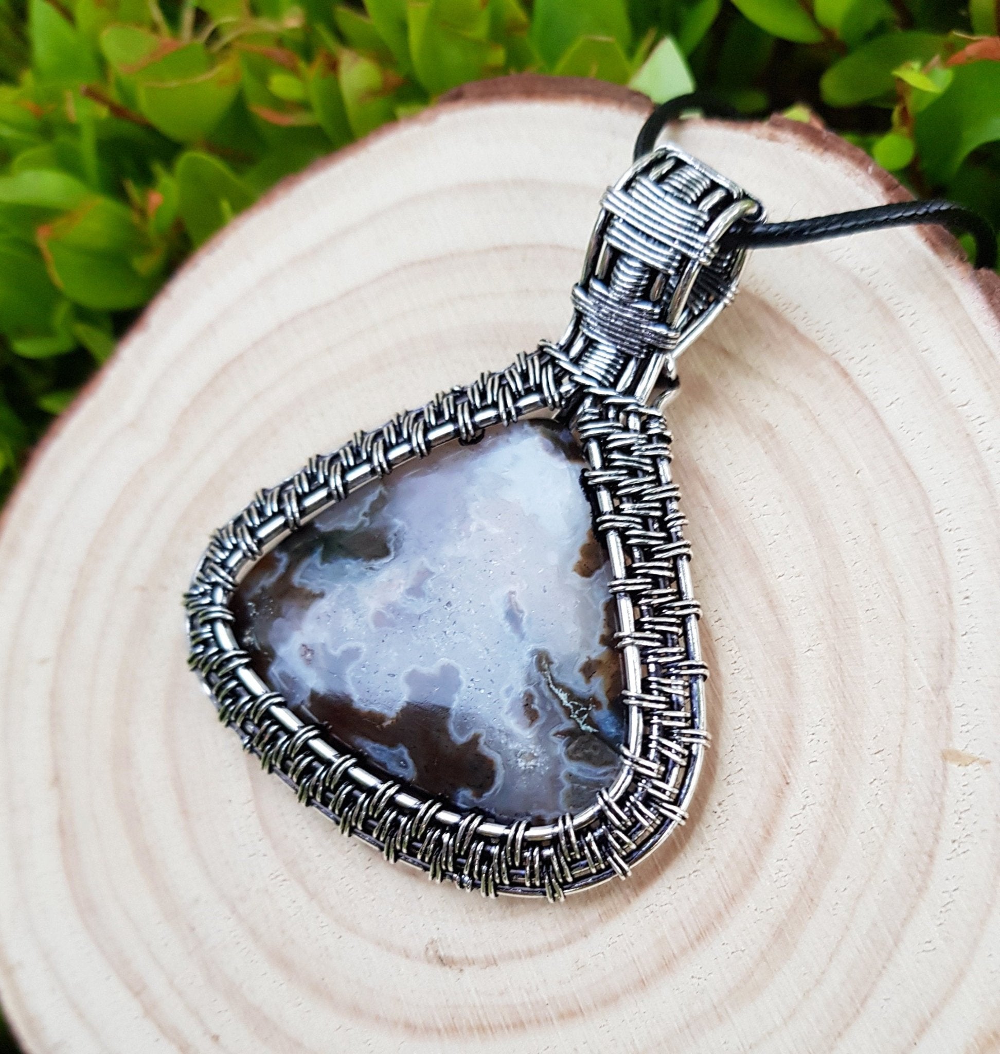 Handmade Sterling Silver Wire Wrapped Agate Pendant Necklace - LunarGem - Charms & Pendants