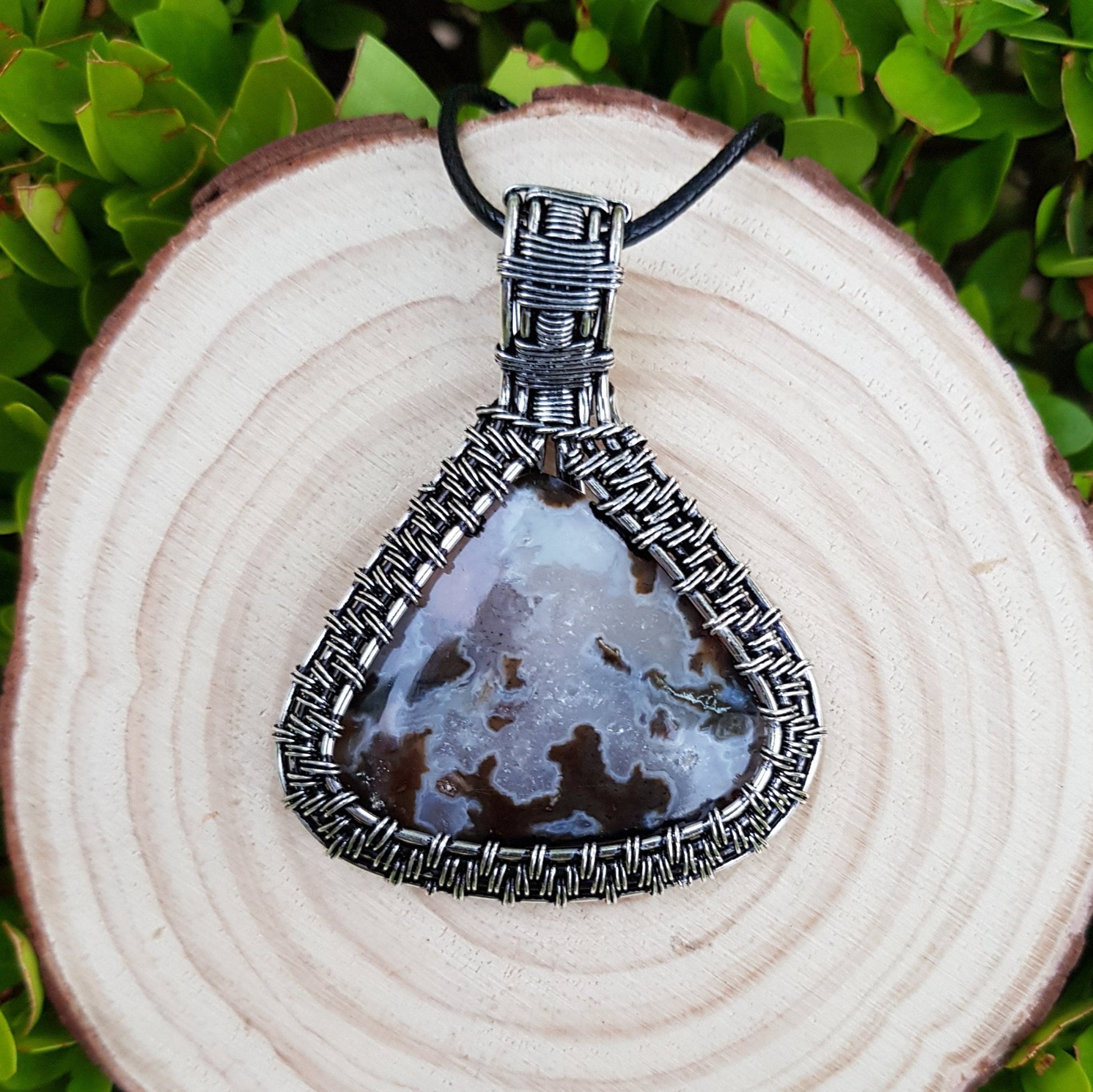 Handmade Sterling Silver Wire Wrapped Agate Pendant Necklace - LunarGem - Charms & Pendants
