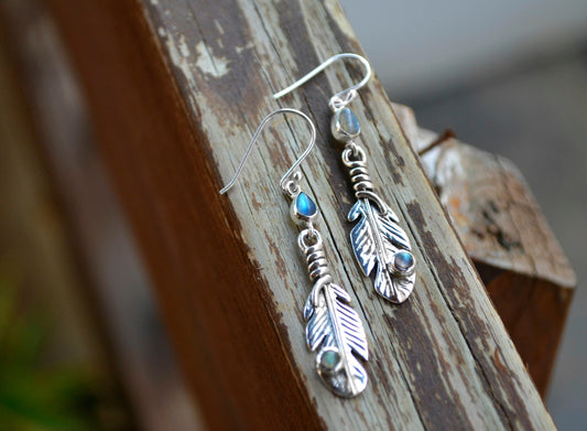 Labradorite Feather Earrings Sterling Silver Leaf Earrings GypsyJewelry Boho Earrings Unique Gift For Her