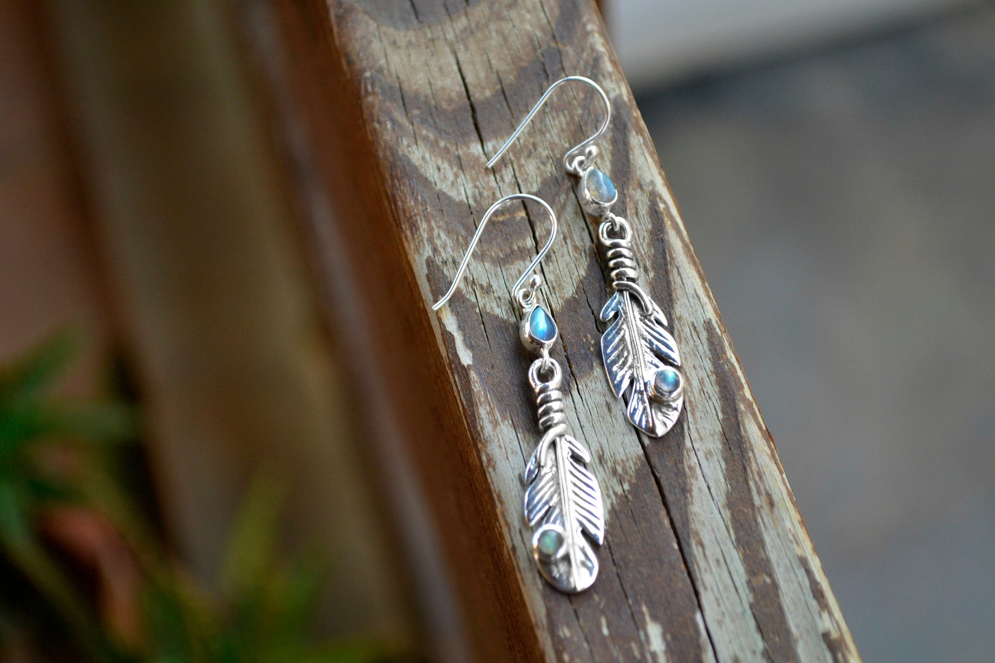 Labradorite Feather Earrings Sterling Silver Leaf Earrings GypsyJewelry Boho Earrings Unique Gift For Her