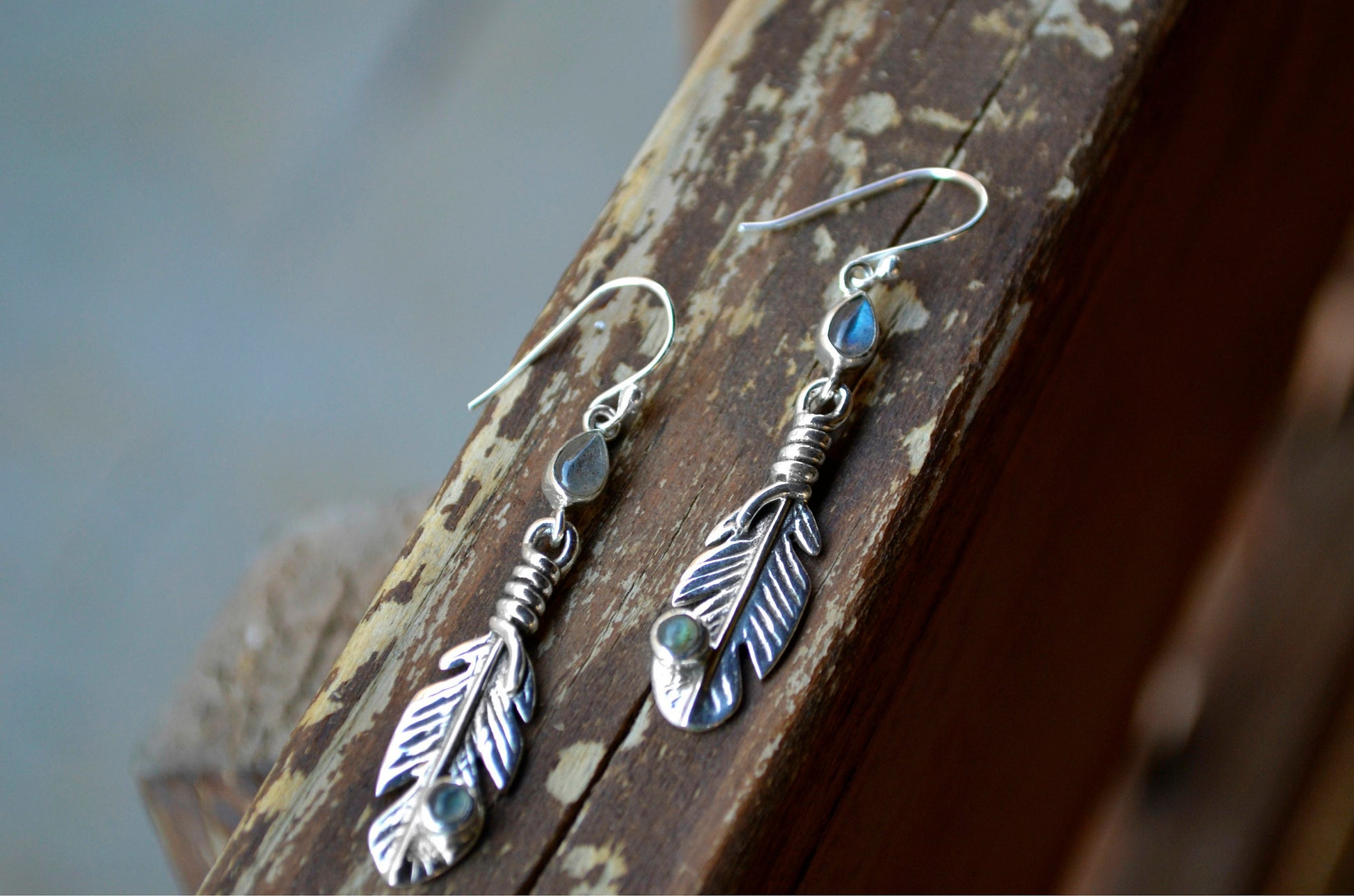 Labradorite Feather Earrings Sterling Silver Leaf Earrings GypsyJewelry Boho Earrings Unique Gift For Her