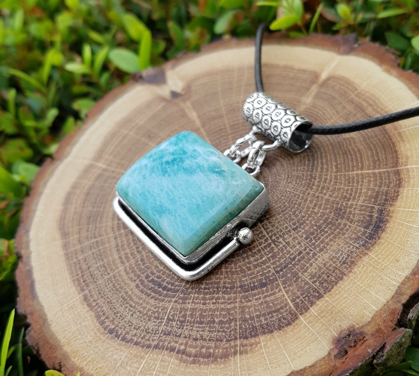 Light Blue Amazonite Pendant Necklace, Recycled Sterling Silver, Boho Style