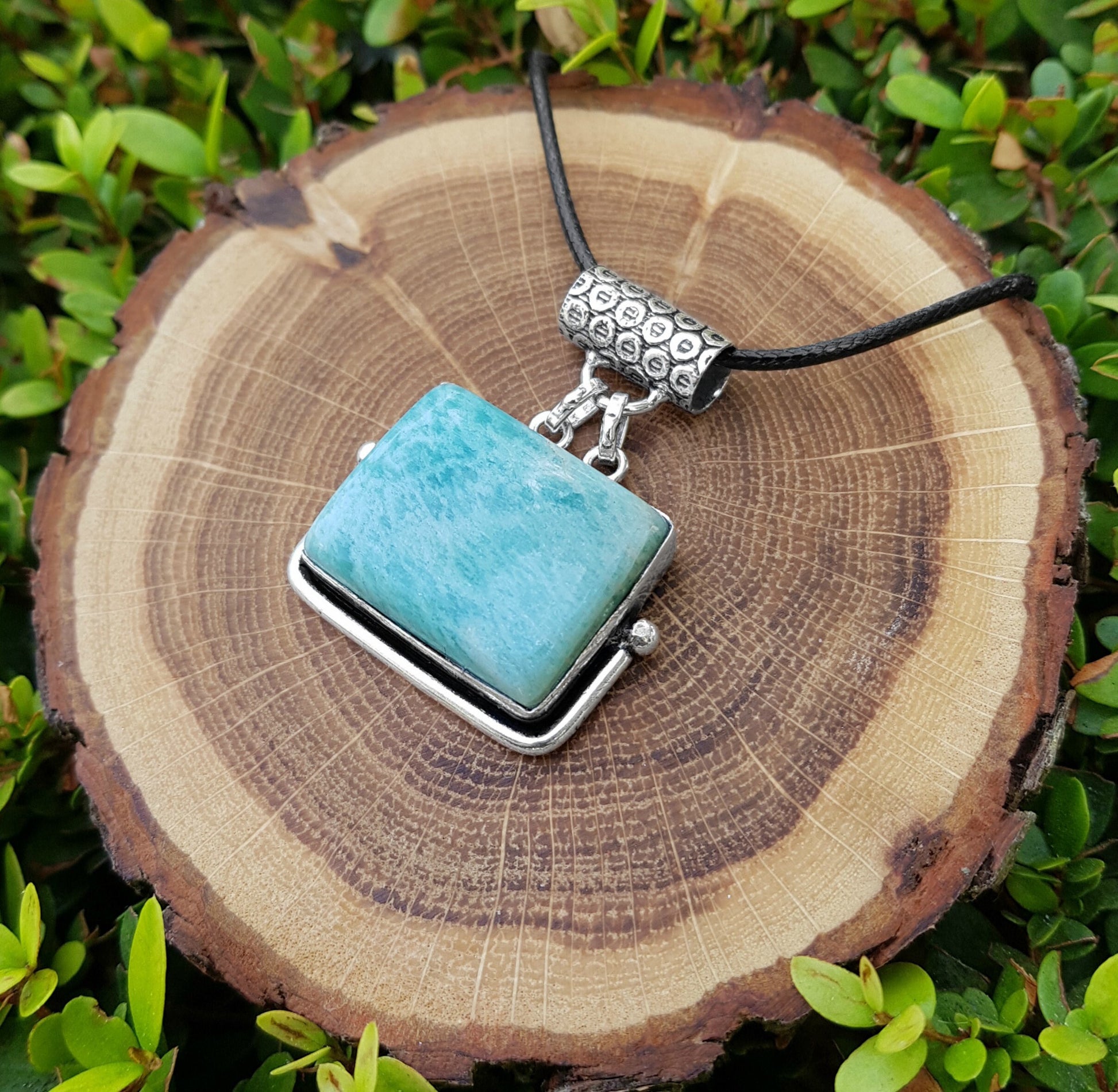 Light Blue Amazonite Pendant Necklace, Recycled Sterling Silver, Boho Style