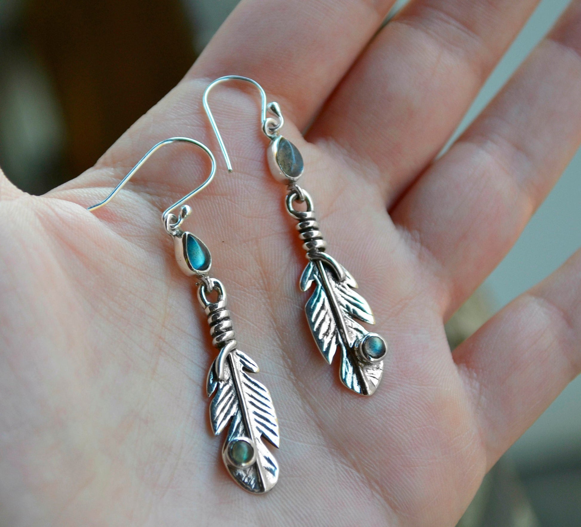 Labradorite Feather Earrings Sterling Silver Leaf Earrings GypsyJewelry Boho Earrings Unique Gift For Her