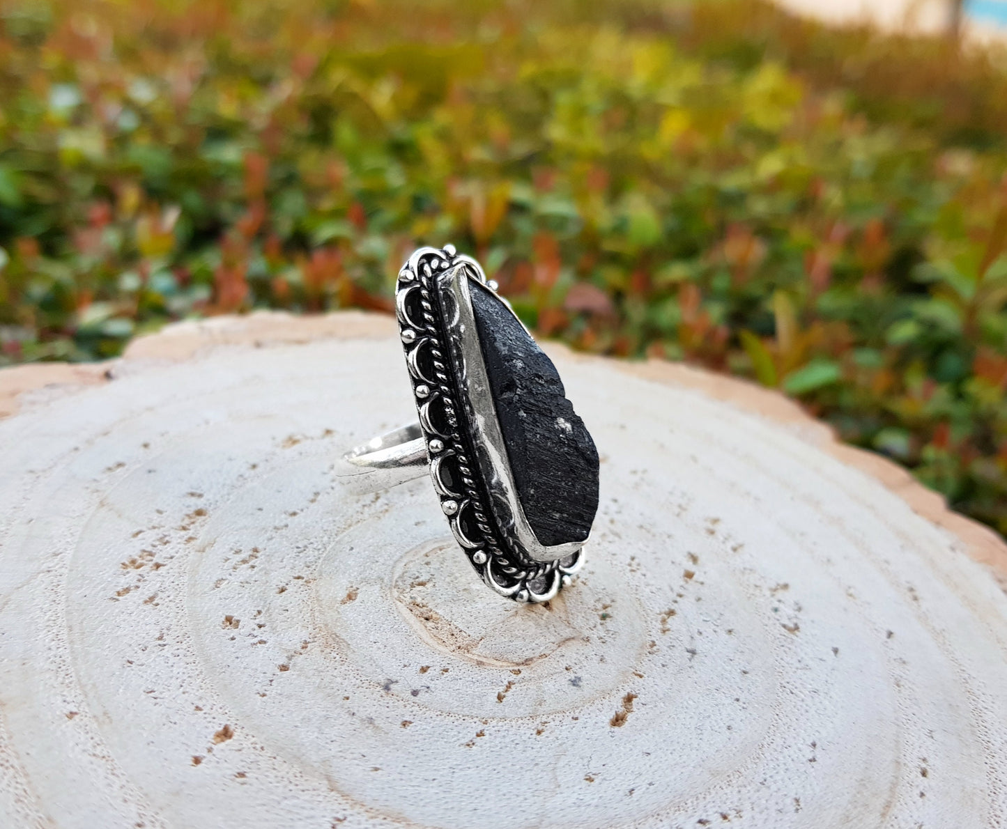 Black Tourmaline Sterling Silver Ring - Raw Gemstone Statement Ring, US Size 7.5