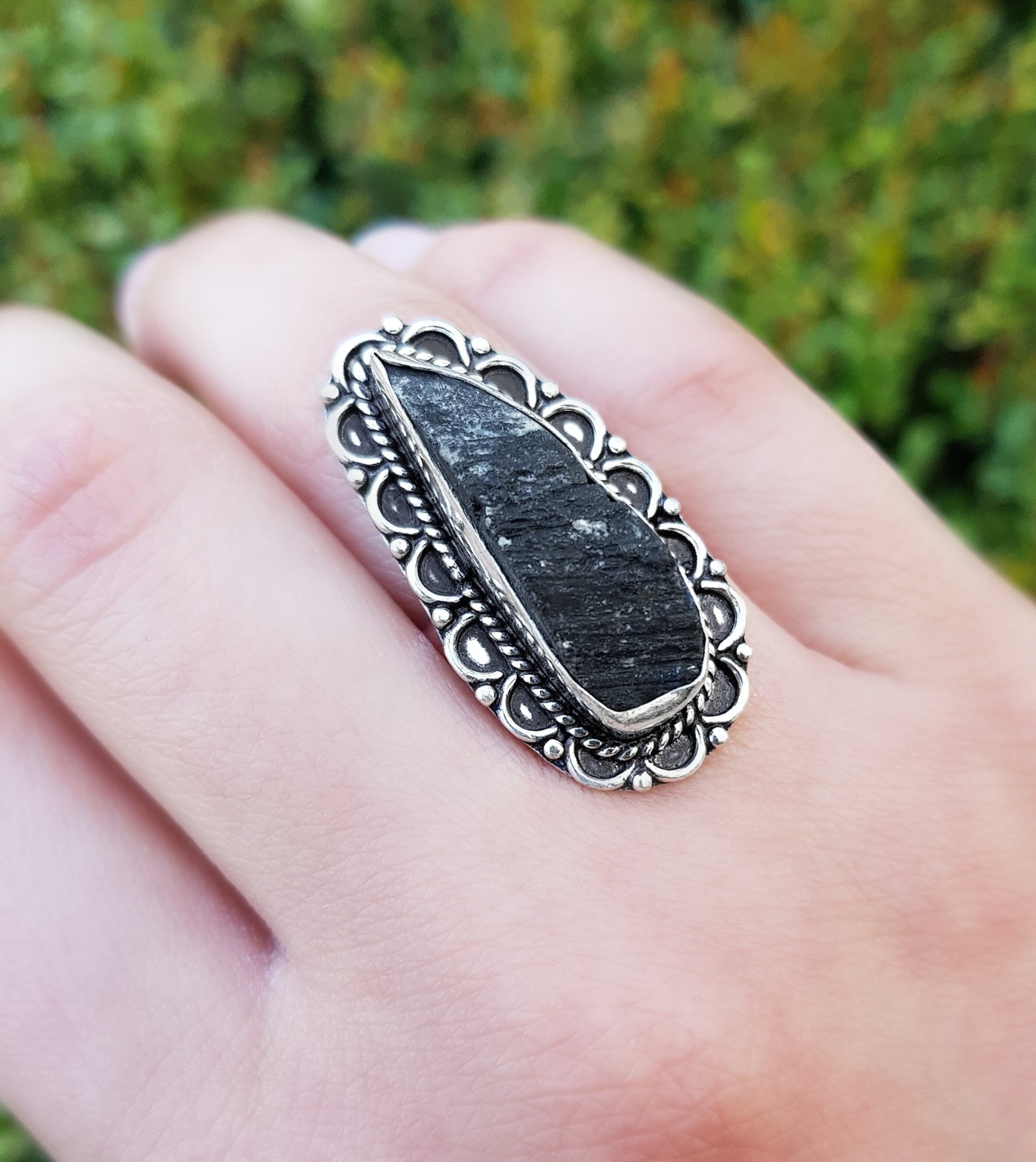 Black Tourmaline Sterling Silver Ring - Raw Gemstone Statement Ring, US Size 7.5