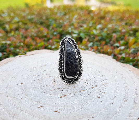 Black Tourmaline Sterling Silver Ring - Raw Gemstone Statement Ring, US Size 7.5