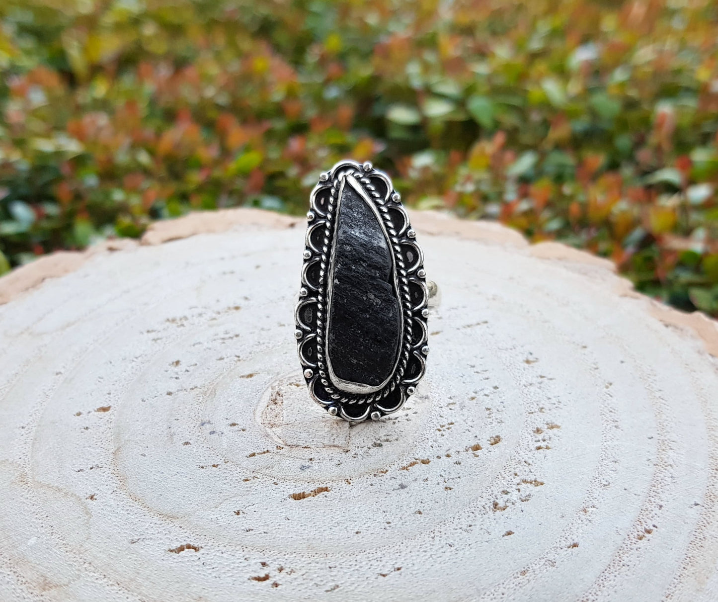 Black Tourmaline Sterling Silver Ring - Raw Gemstone Statement Ring, US Size 7.5
