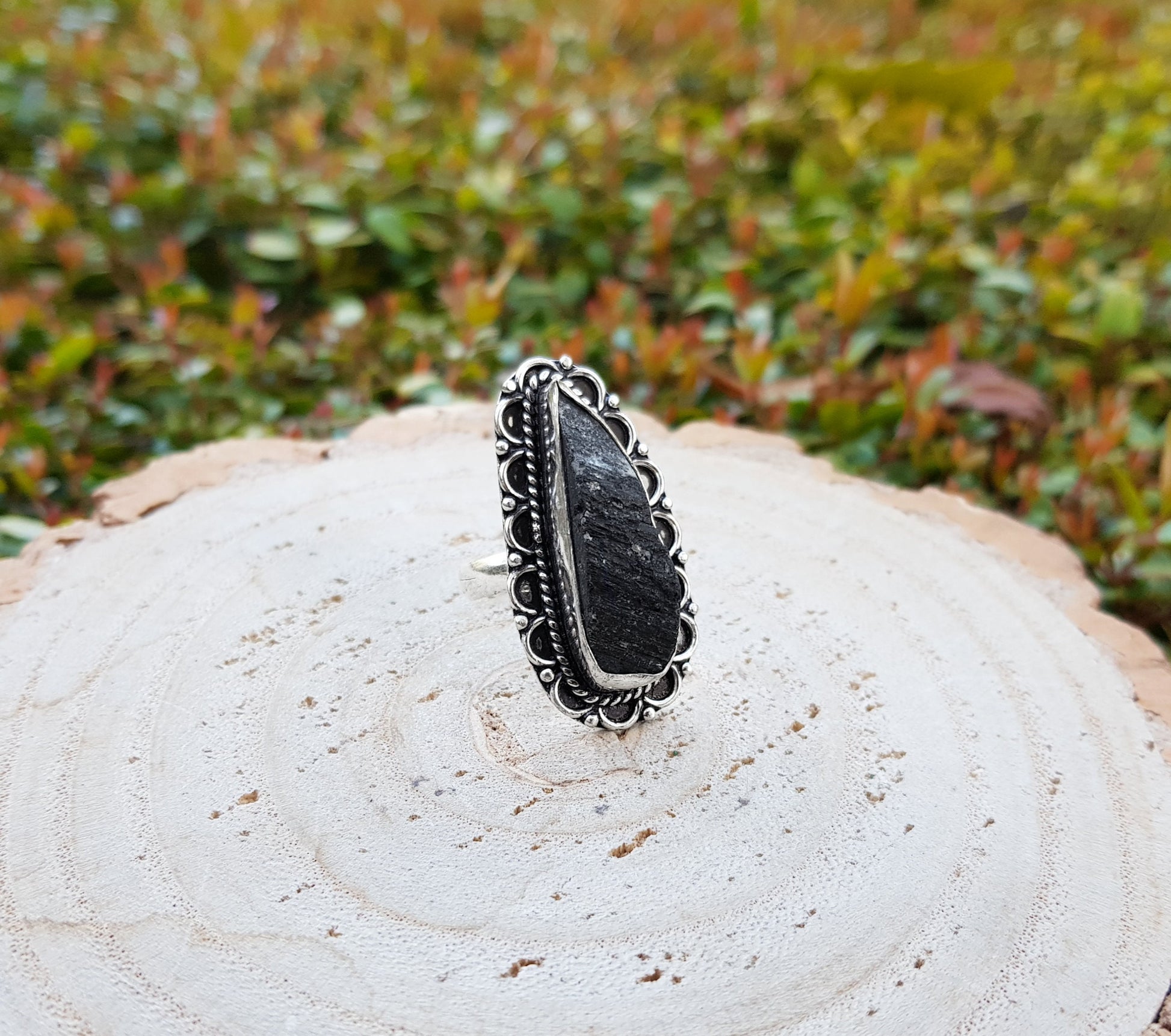 Black Tourmaline Sterling Silver Ring - Raw Gemstone Statement Ring, US Size 7.5