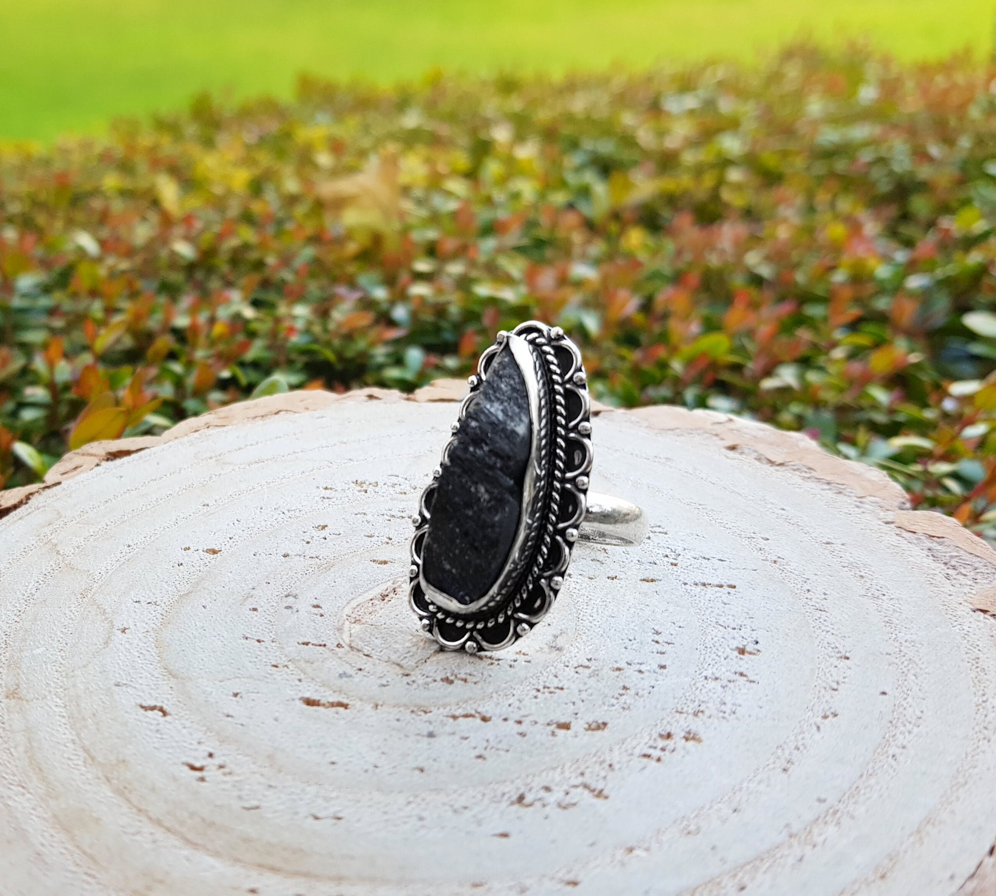 Black Tourmaline Sterling Silver Ring - Raw Gemstone Statement Ring, US Size 7.5