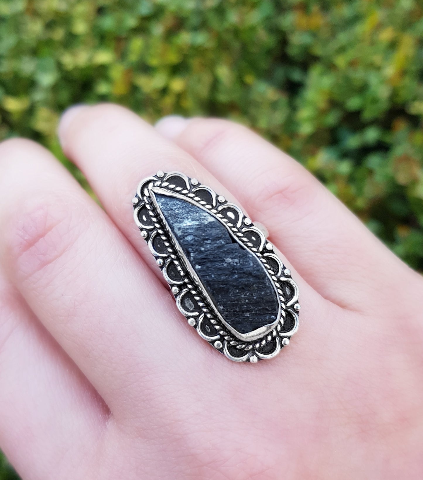 Black Tourmaline Sterling Silver Ring - Raw Gemstone Statement Ring, US Size 7.5