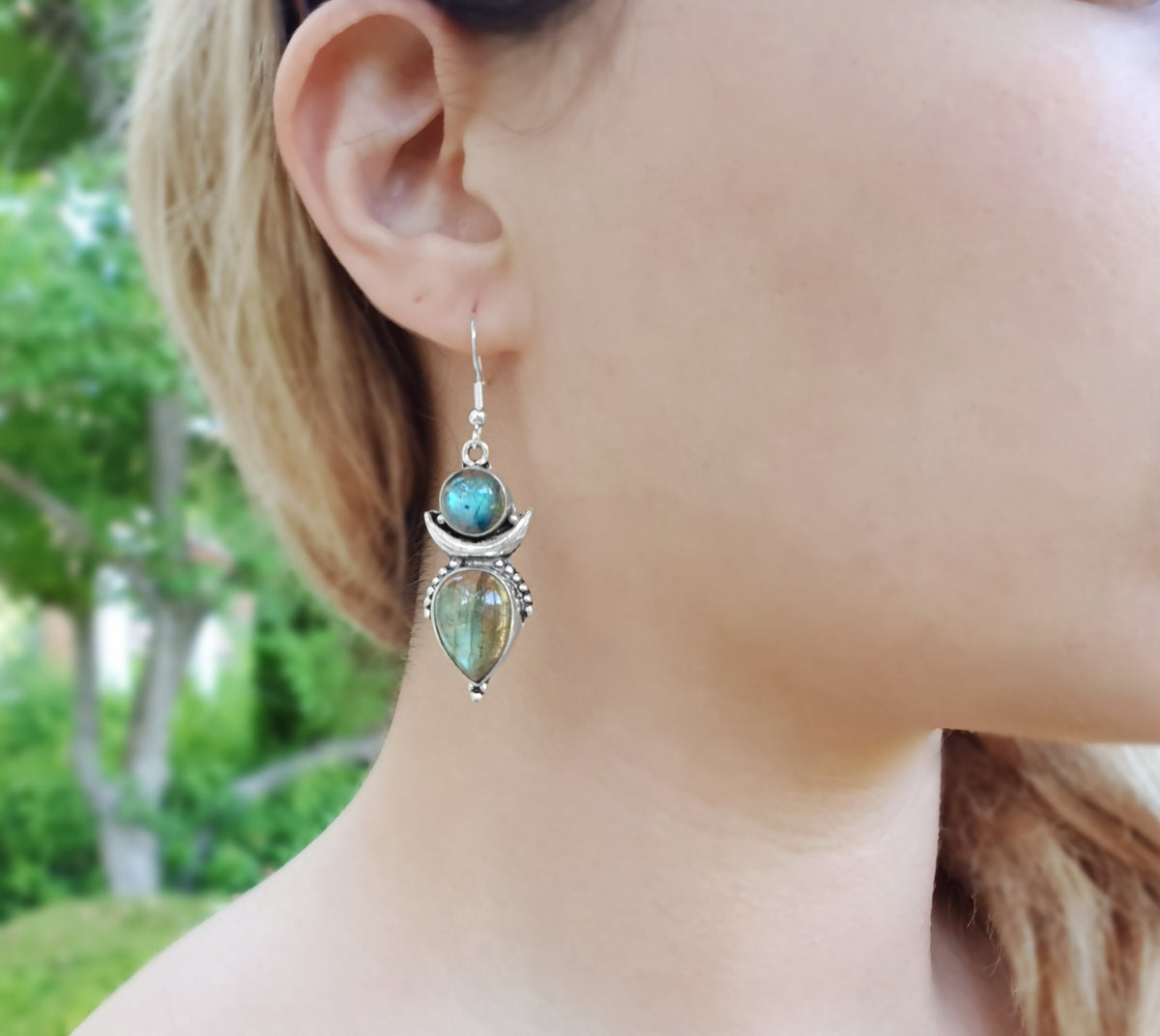 Labradorite Crescent Moon Earrings, Recycled Sterling Silver Boho Jewelry