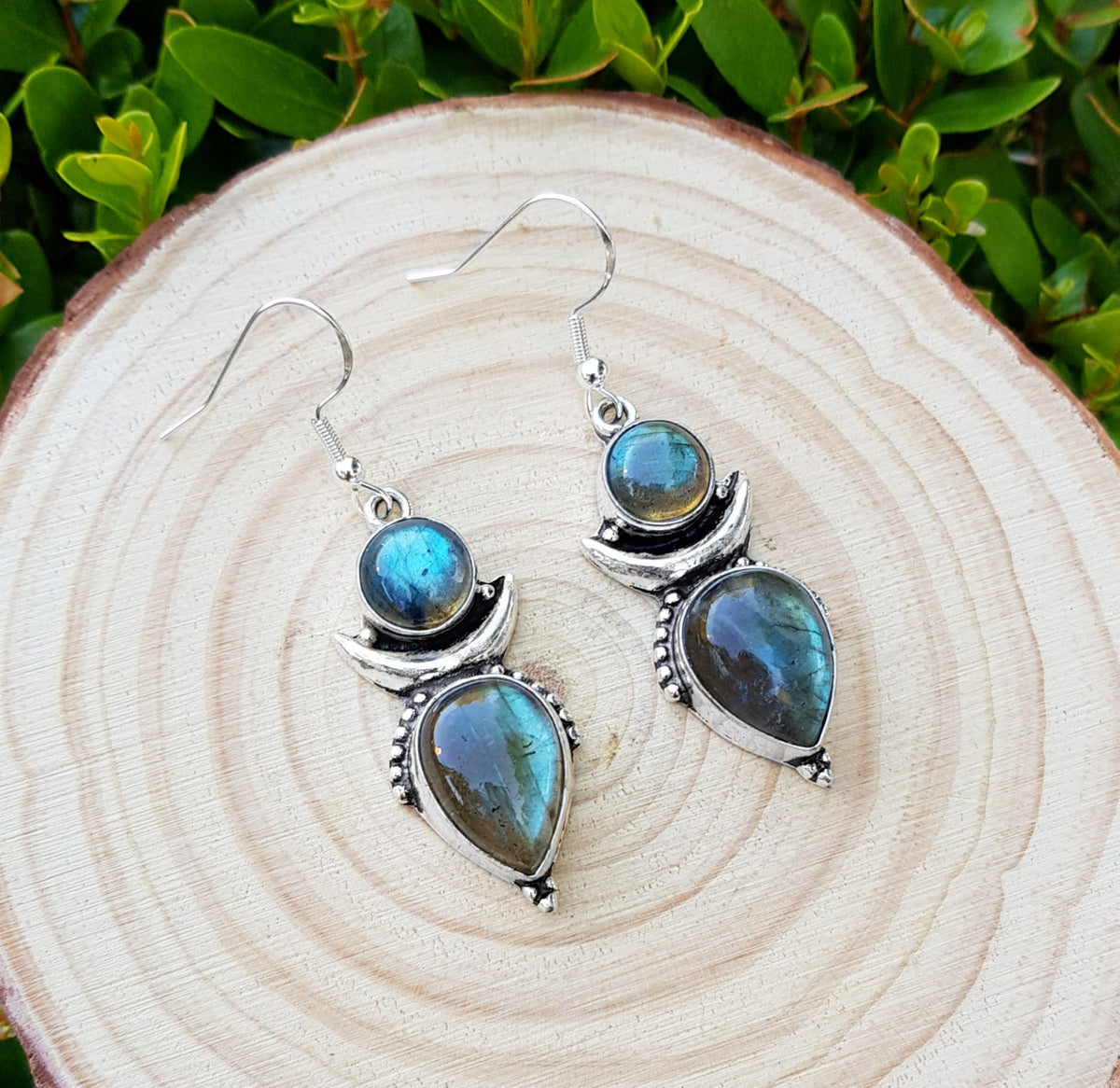 Labradorite Crescent Moon Earrings, Recycled Sterling Silver Boho Jewelry