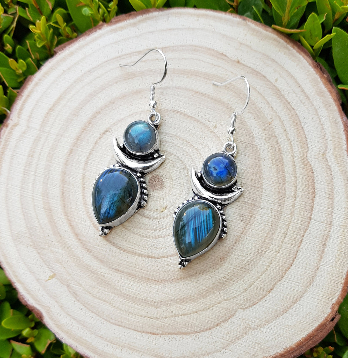 Labradorite Crescent Moon Earrings, Recycled Sterling Silver Boho Jewelry