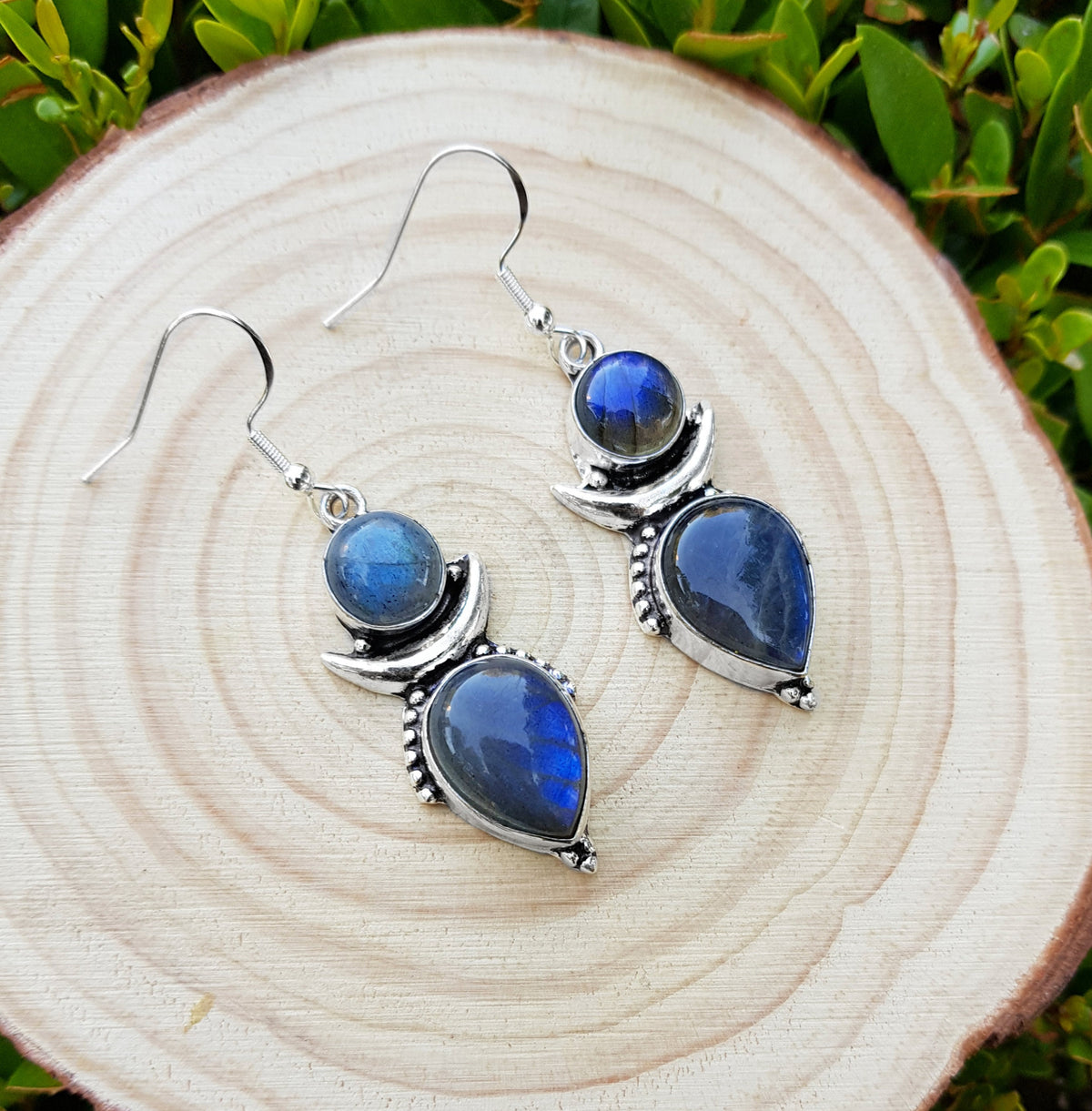 Labradorite Crescent Moon Earrings, Recycled Sterling Silver Boho Jewelry