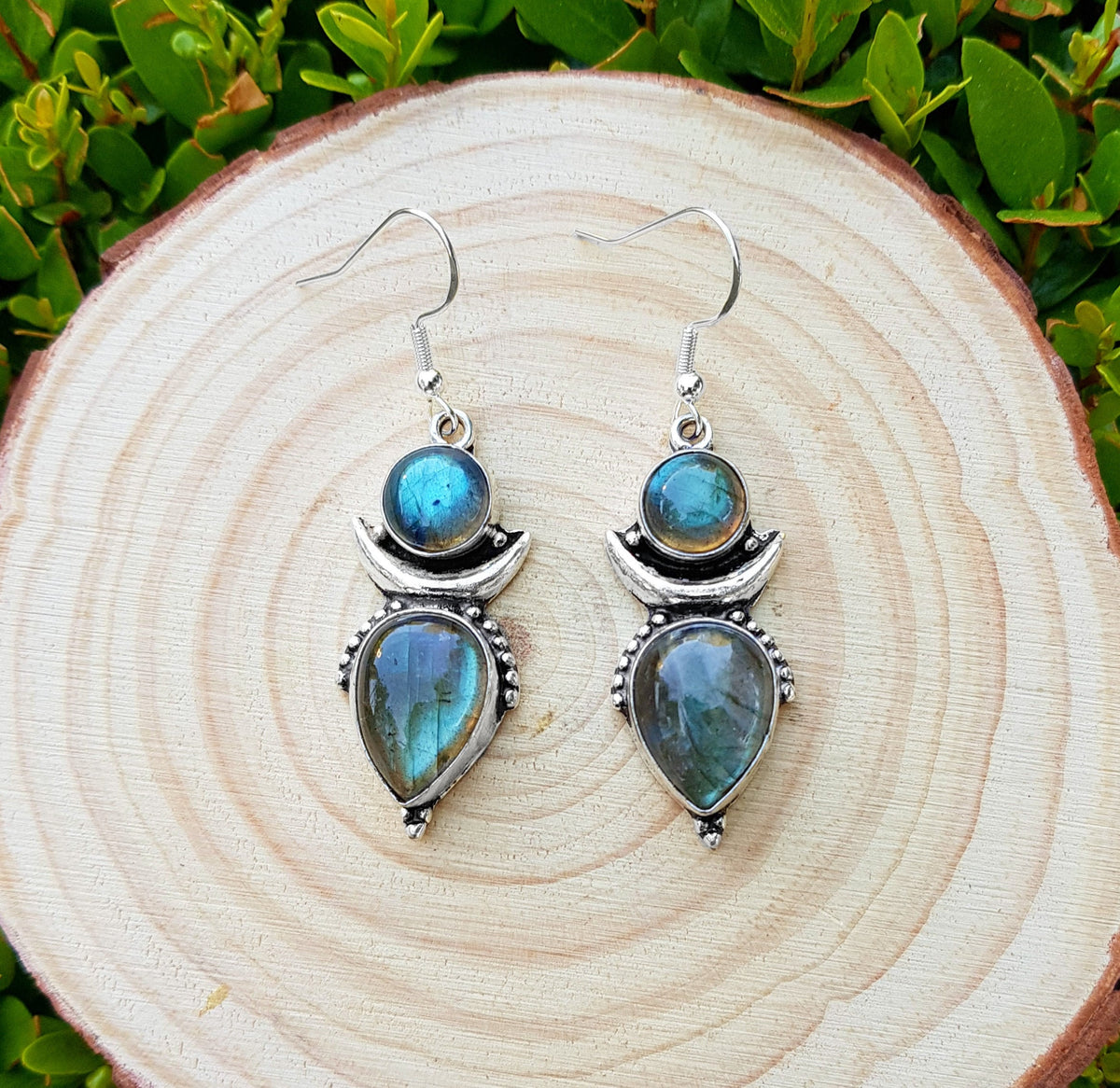 Labradorite Crescent Moon Earrings, Recycled Sterling Silver Boho Jewelry
