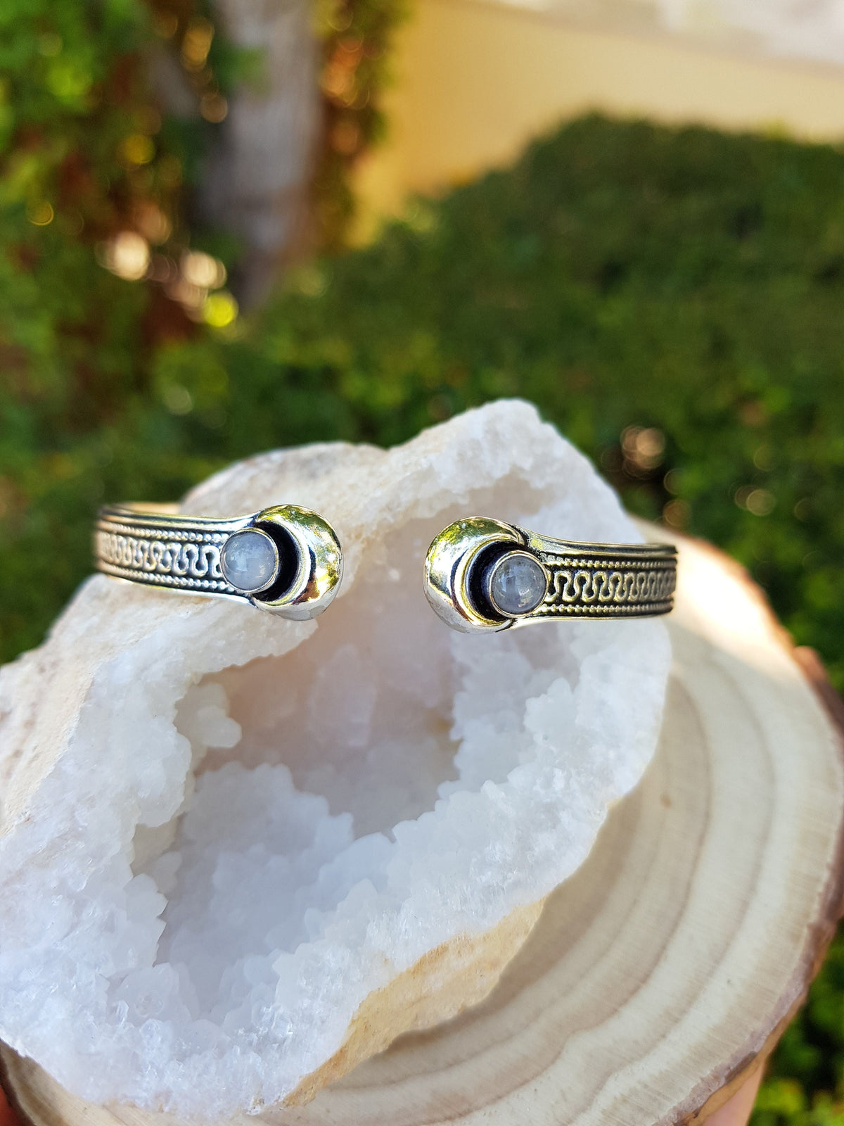 Sterling Silver Moonstone Cuff Bracelet: Adjustable Boho Style