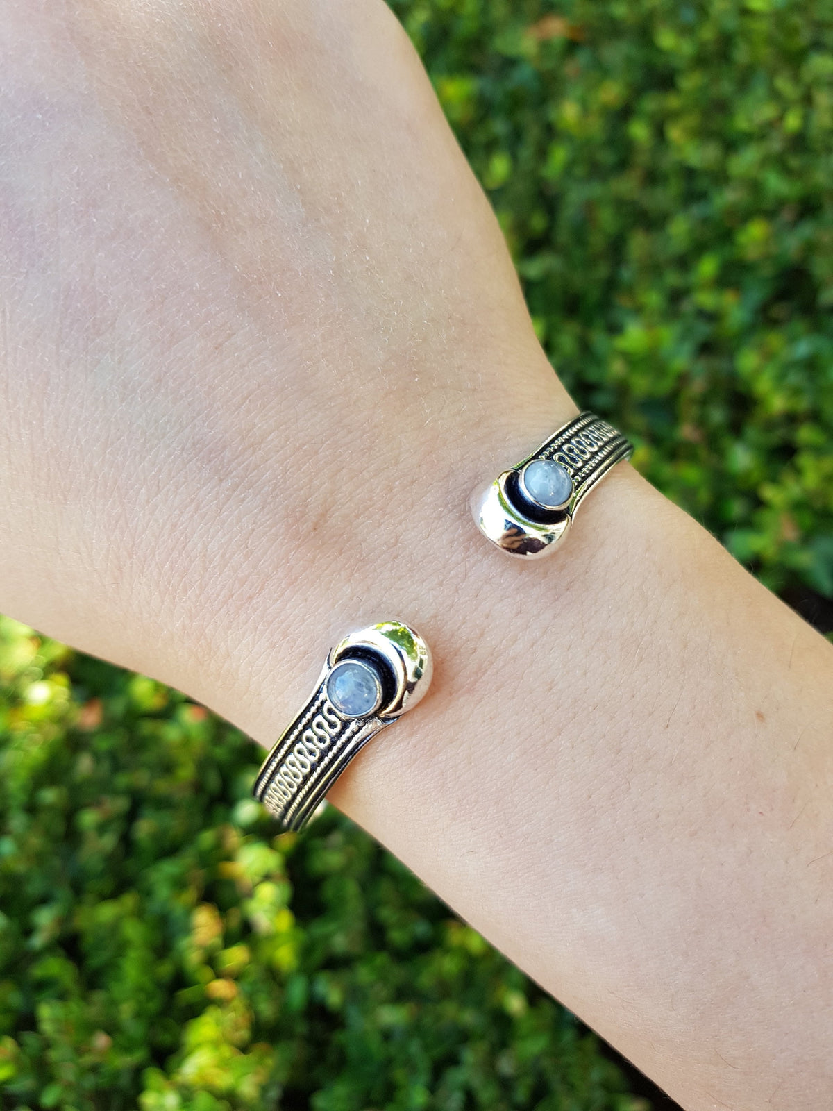 Sterling Silver Moonstone Cuff Bracelet: Adjustable Boho Style