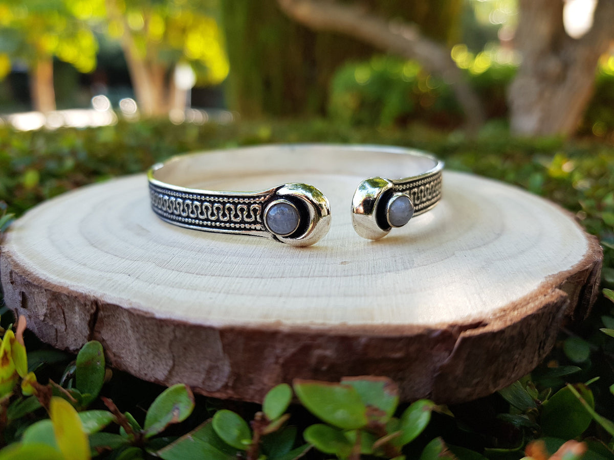 Sterling Silver Moonstone Cuff Bracelet: Adjustable Boho Style