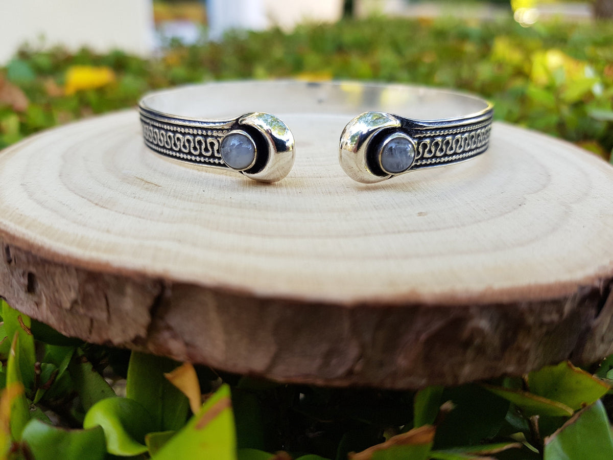 Sterling Silver Moonstone Cuff Bracelet: Adjustable Boho Style