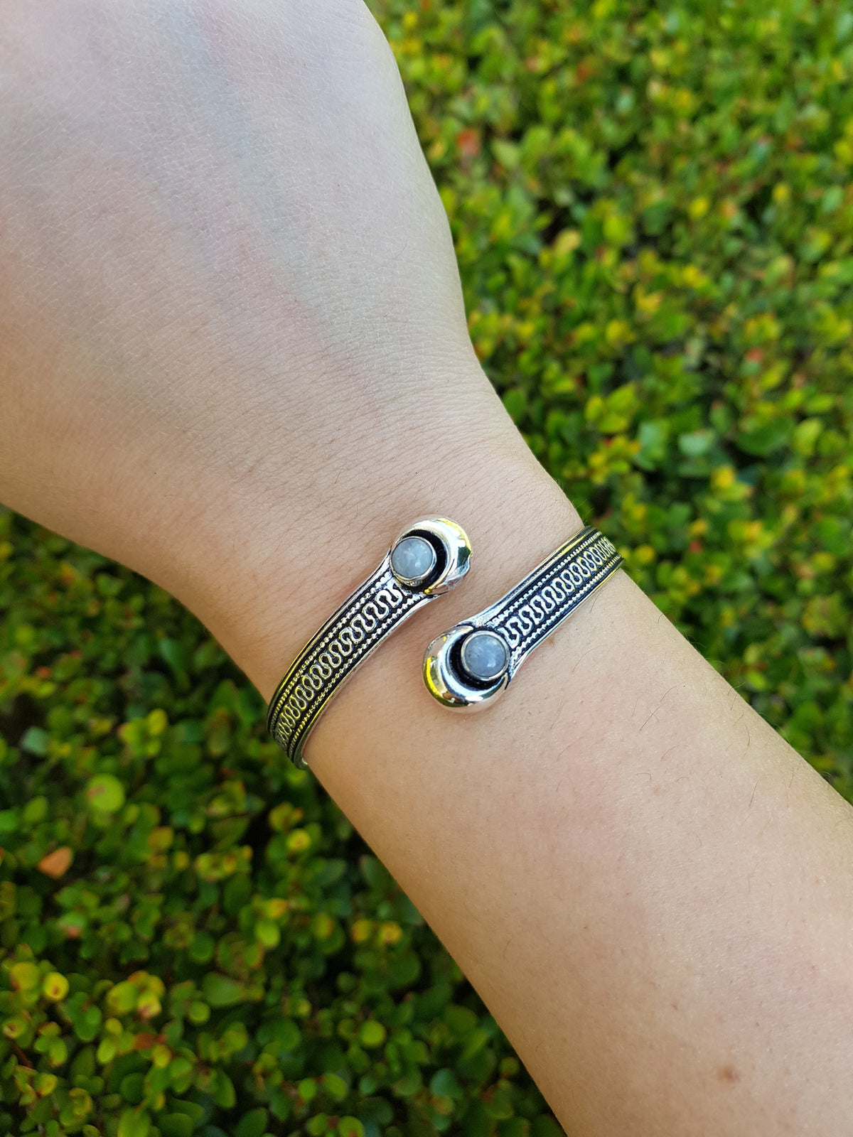 Sterling Silver Moonstone Cuff Bracelet: Adjustable Boho Style