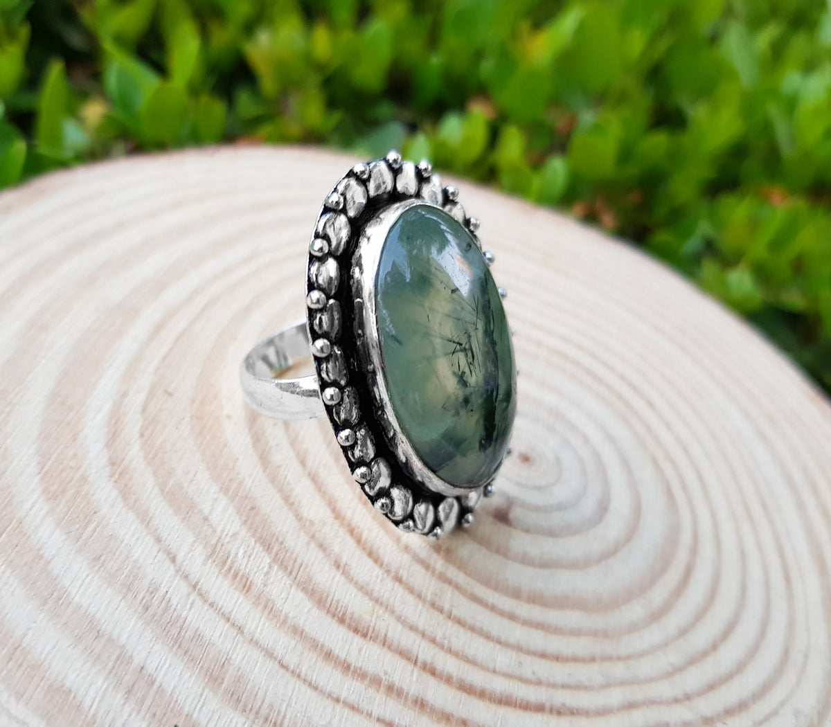 Prehnite Ring In Sterling Silver Size US 8 Boho Ring One Of A Kind Jewellery Unique Gift For Her Statement Rings