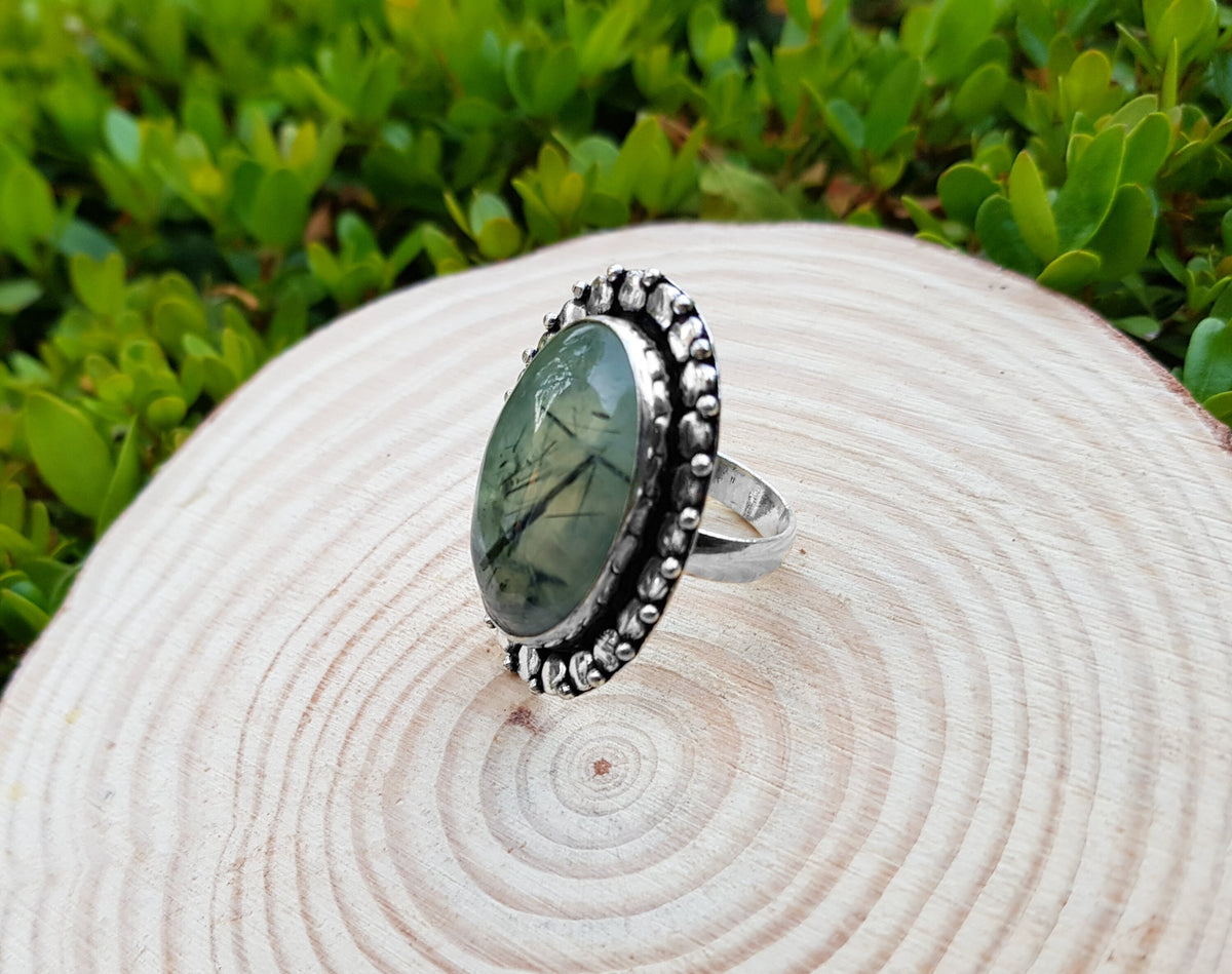 Prehnite Ring In Sterling Silver Size US 8 Boho Ring One Of A Kind Jewellery Unique Gift For Her Statement Rings
