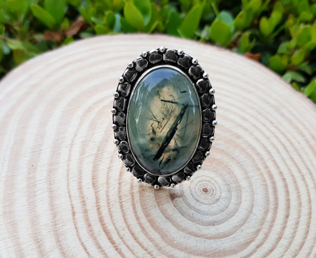 Prehnite Ring In Sterling Silver Size US 8 Boho Ring One Of A Kind Jewellery Unique Gift For Her Statement Rings