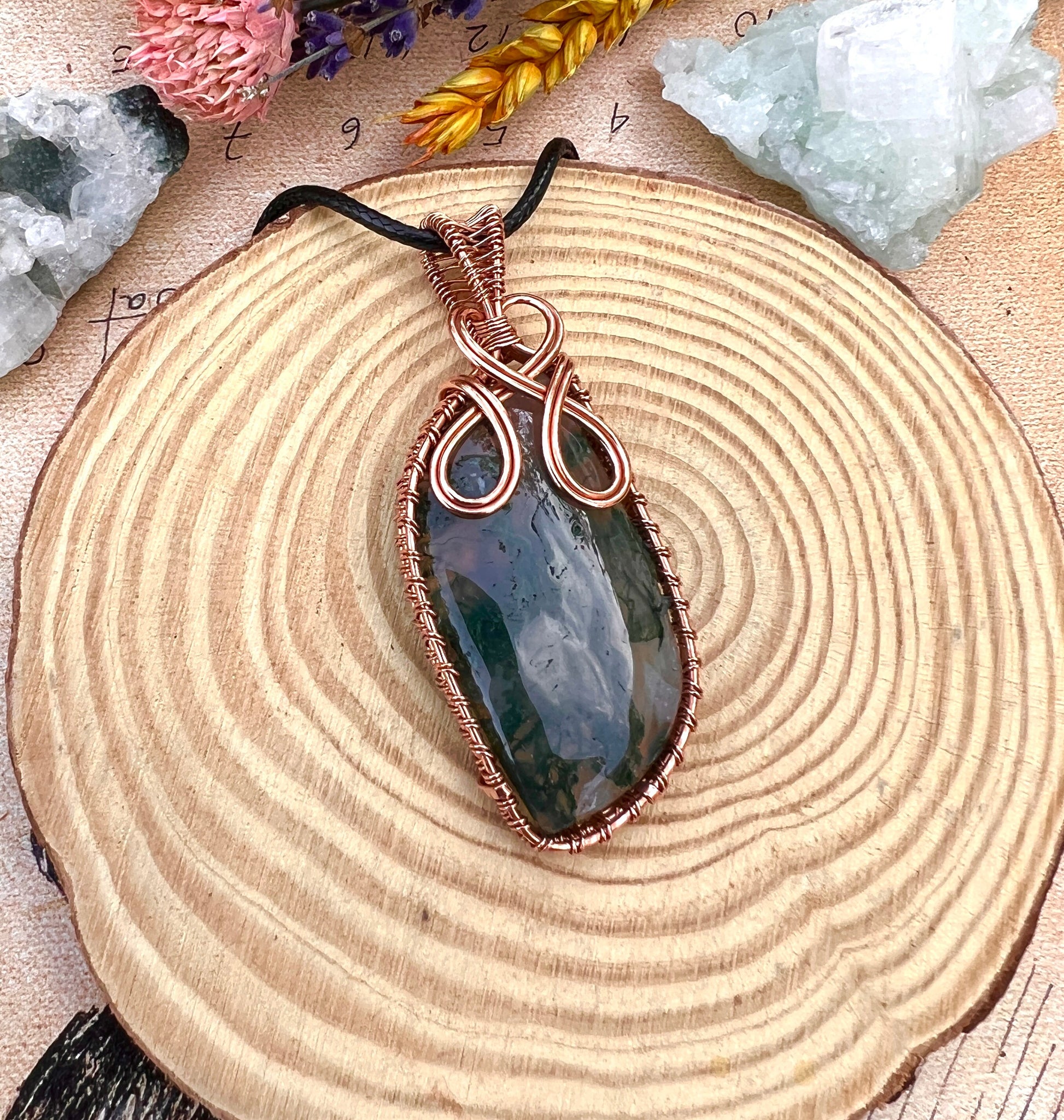 Moss Agate Wire Wrapped Necklace Statement Pendant Boho Necklace One Of A Kind Gift Handmade Jewelry