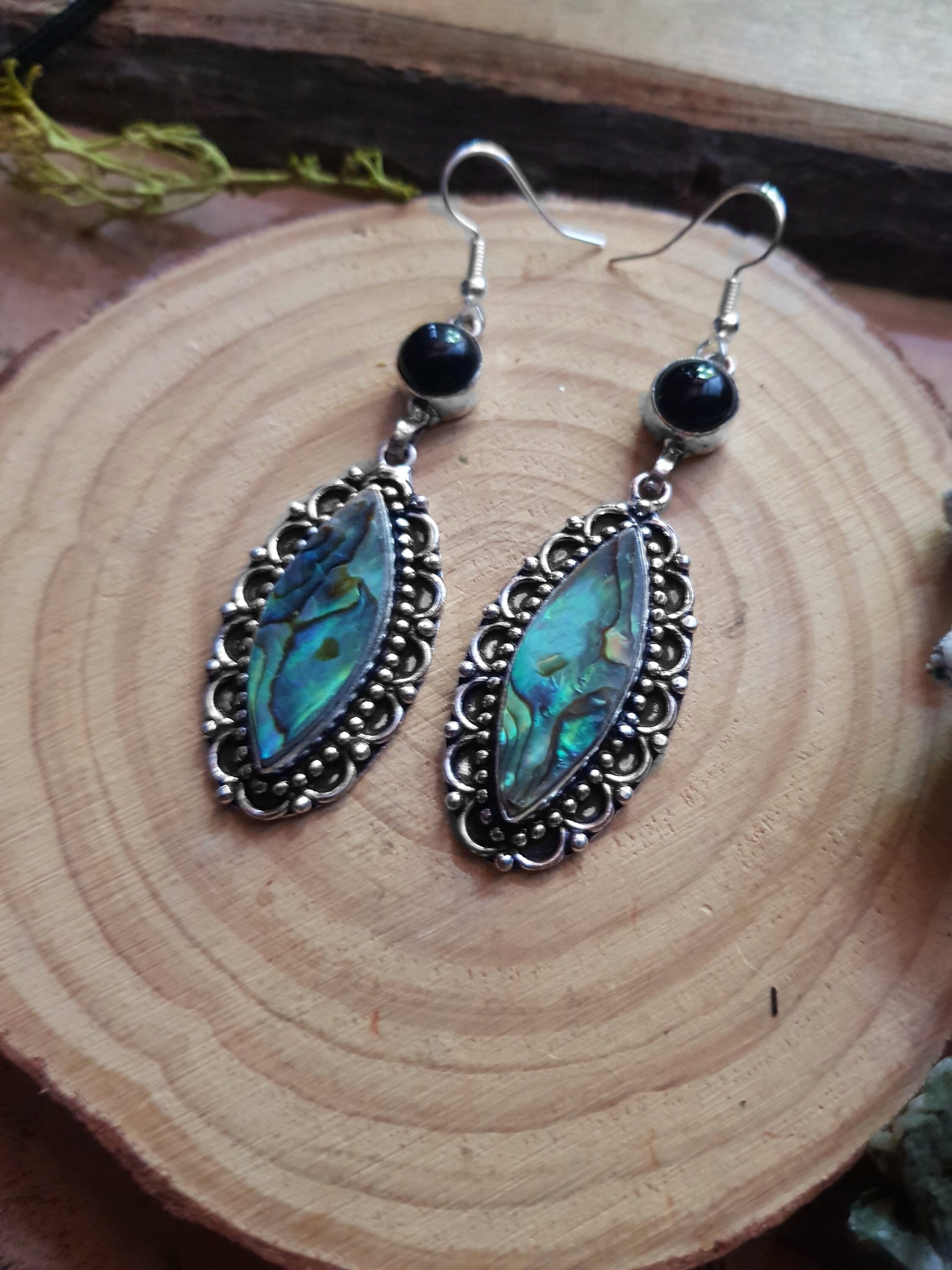 Labradorite And Abalone Shell Earrings In Sterling Silver, Statement Dangle Earrings One Of A Kind